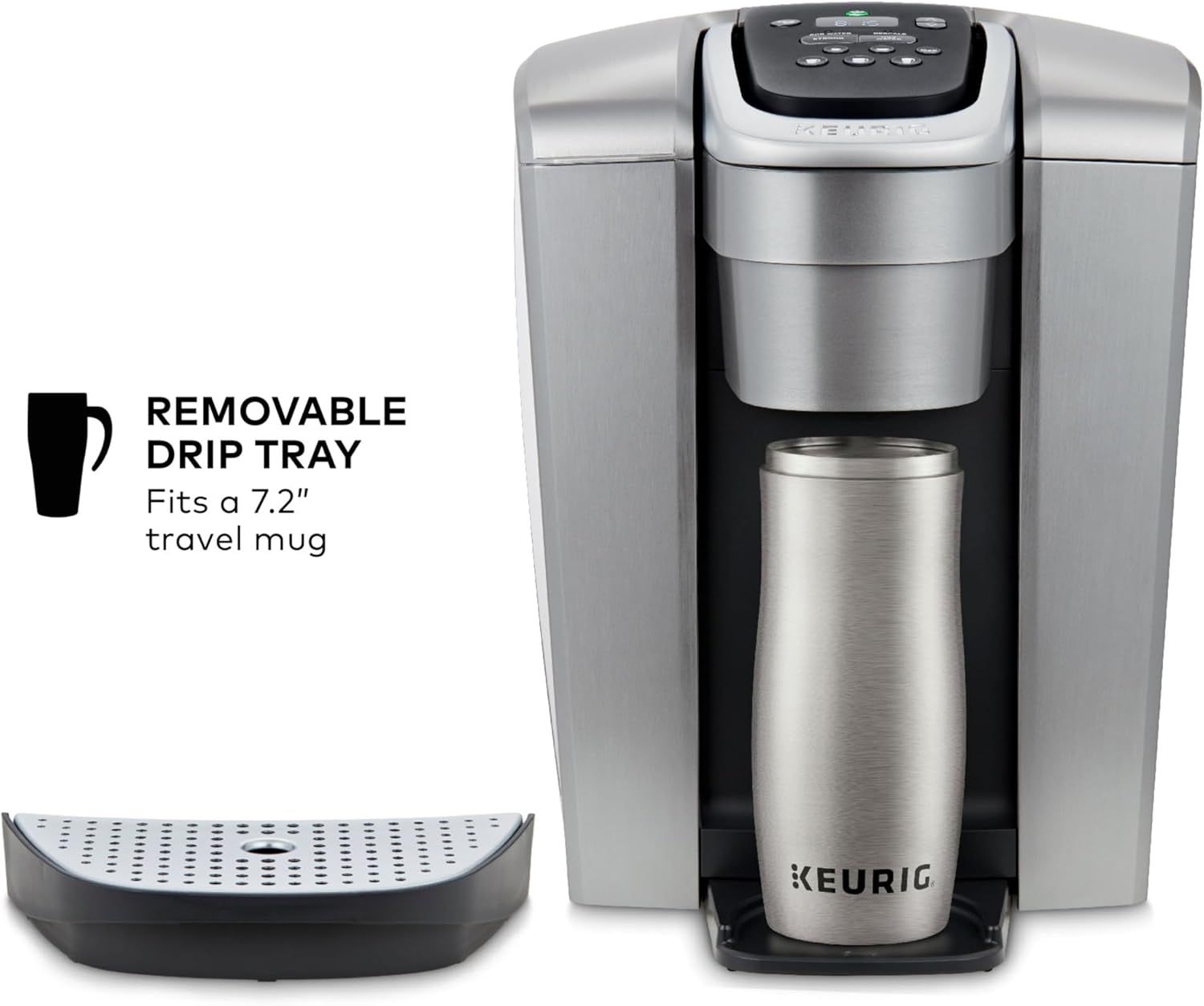 Highlights the removable drip tray feature and its compatibility with a 7.2-inch travel mug, reassuring shoppers about the product's versatility and ease of…