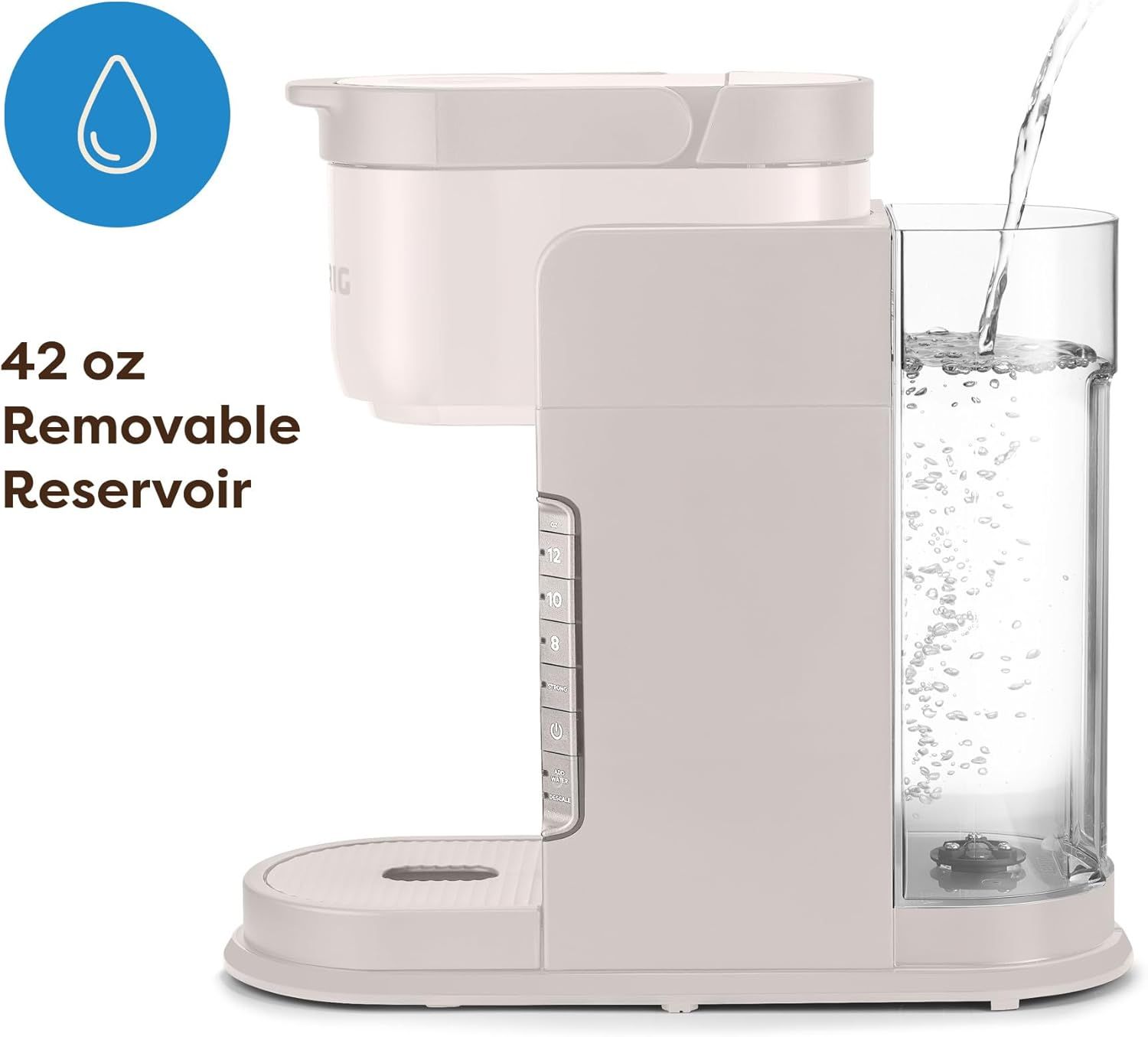 Highlights the large 42 oz water capacity and removable reservoir feature to communicate convenience and reduced refill frequency for the shopper.