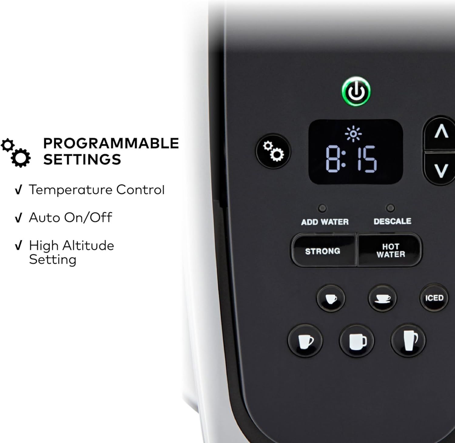 Communicates the programmable settings and customization options available on the coffee maker to reassure shoppers that the product offers flexible control…
