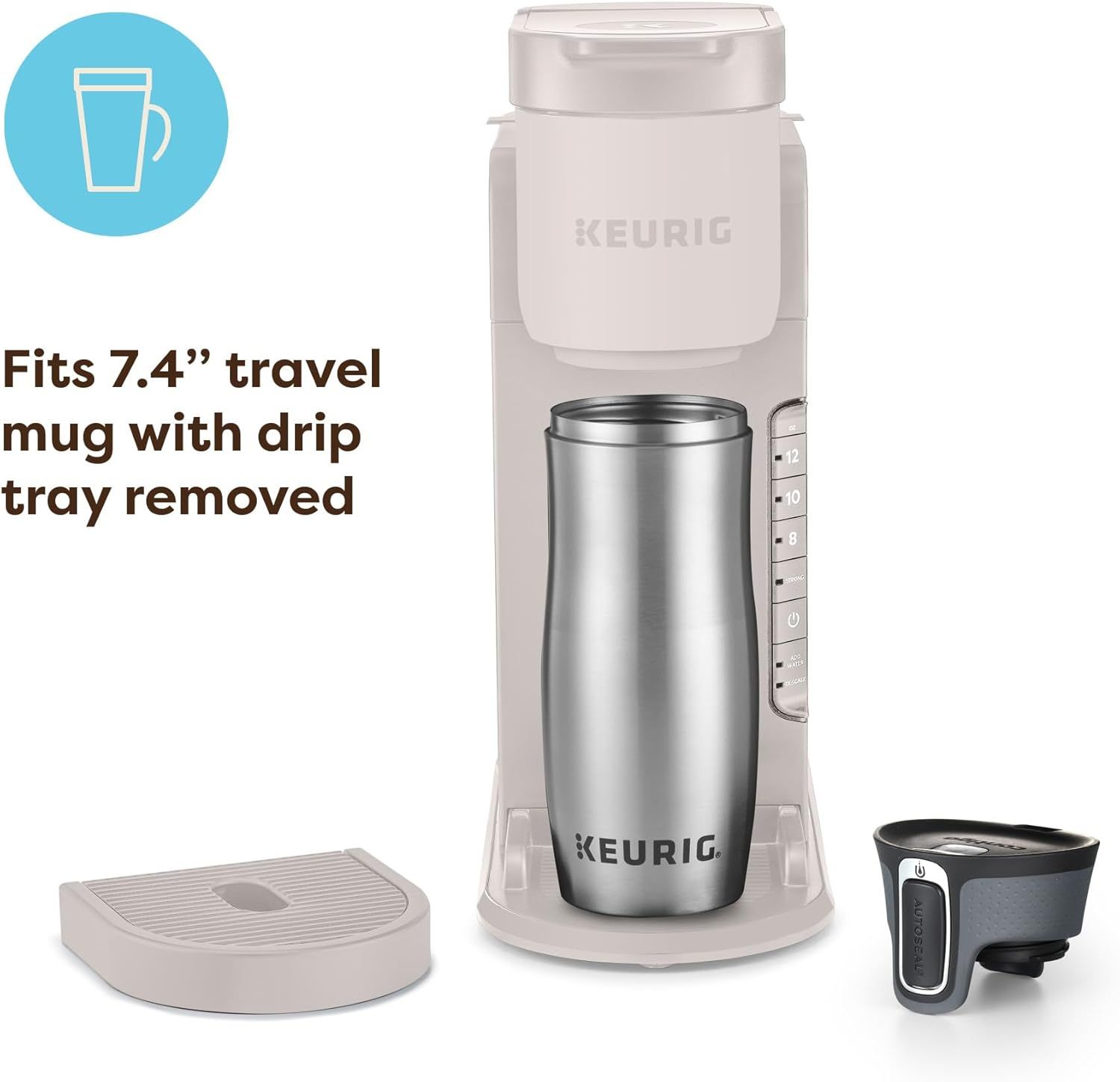 Demonstrates that the coffee maker can accommodate a 7.4-inch travel mug when the drip tray is removed, reassuring shoppers about its versatility and…