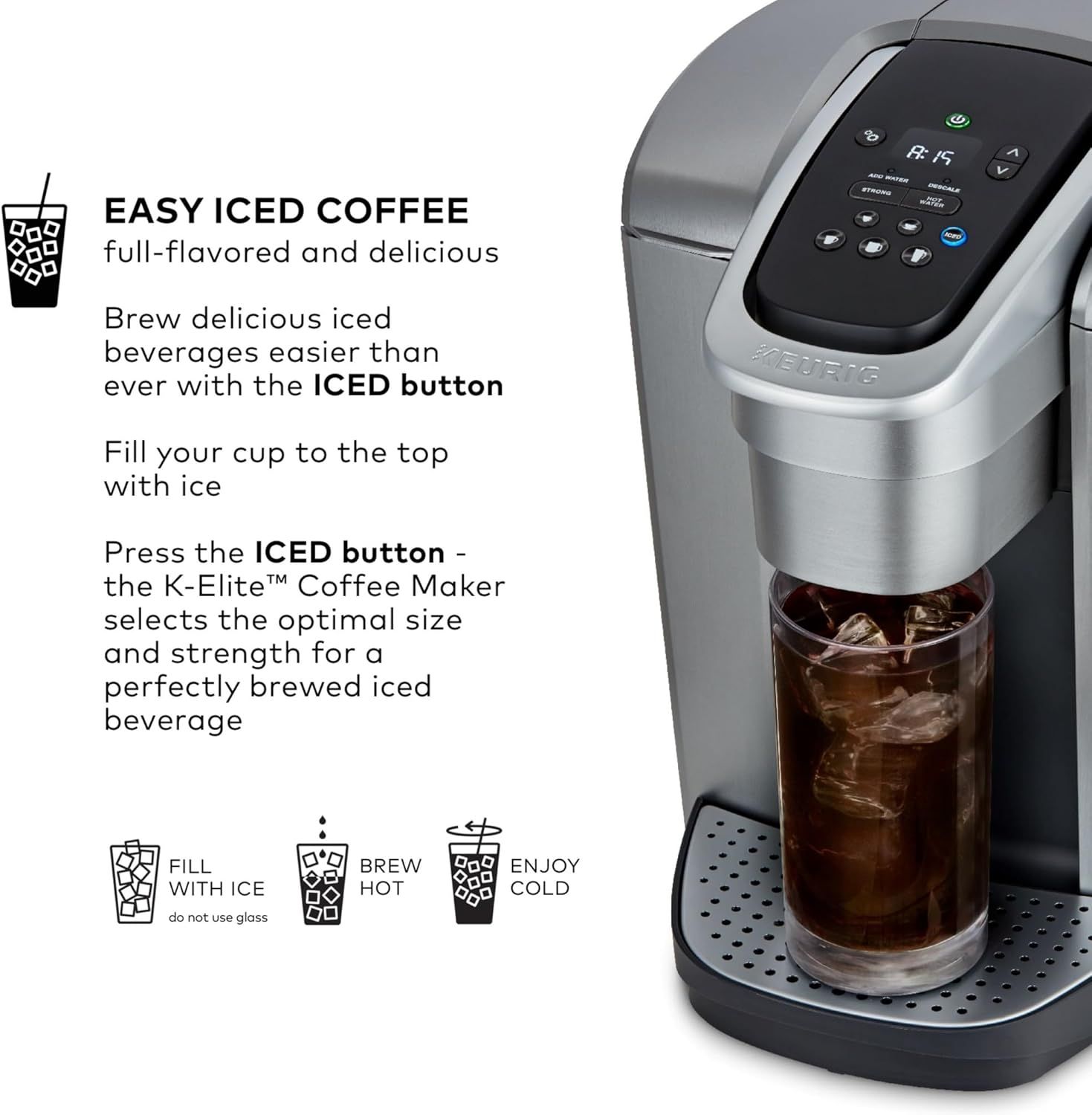 Explains the simple 3-step process for making iced coffee using the ICED button feature, reassuring shoppers that brewing iced beverages is quick and…
