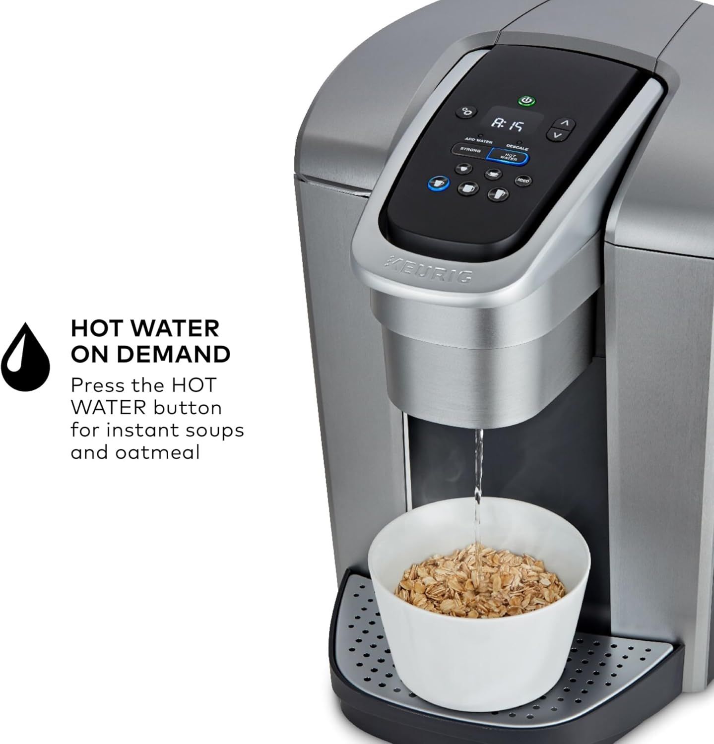 Highlights the convenience of instant hot water dispensing for quick meal preparation like soups and oatmeal, emphasizing ease of use and time-saving…