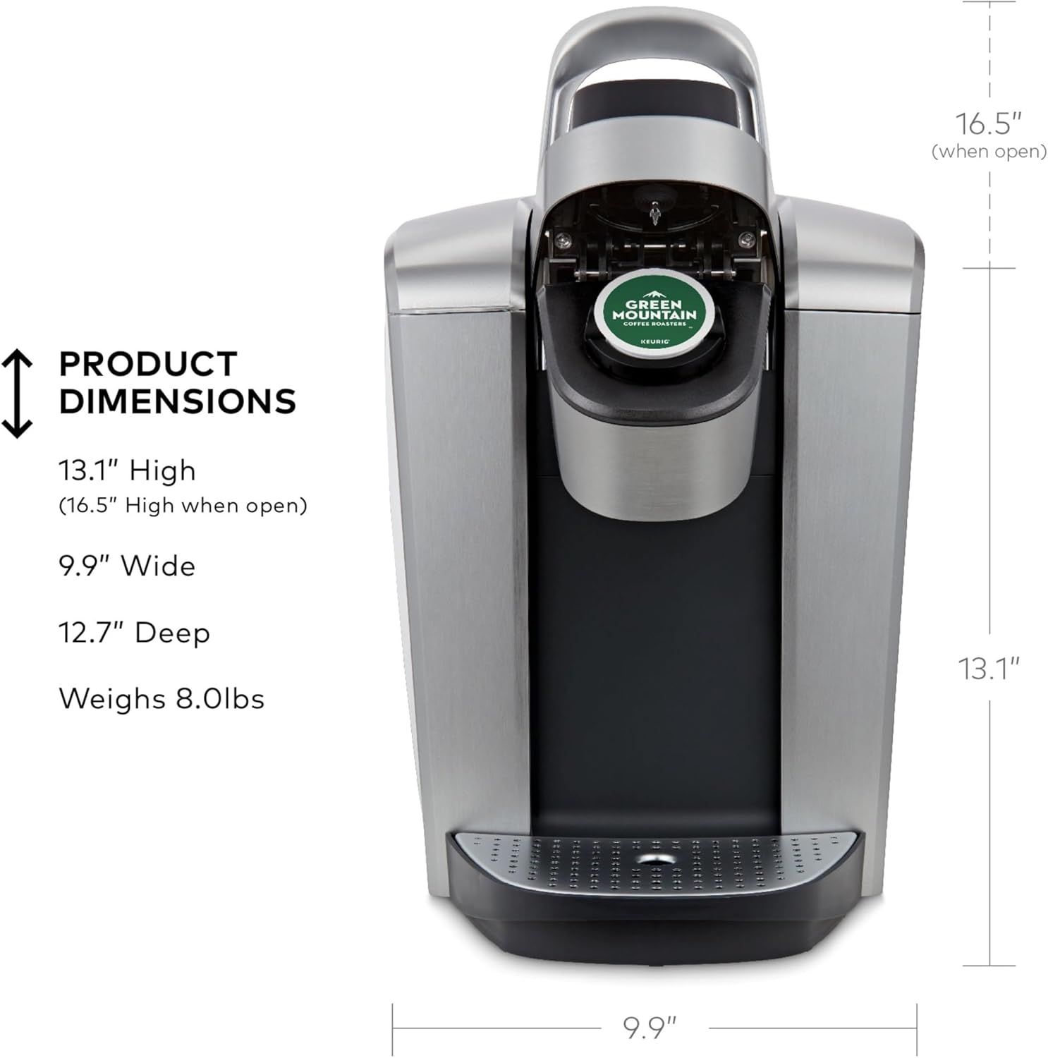 Communicates the exact physical dimensions and weight of the coffee maker to help shoppers determine if it will fit in their space and meet their size requirements.
