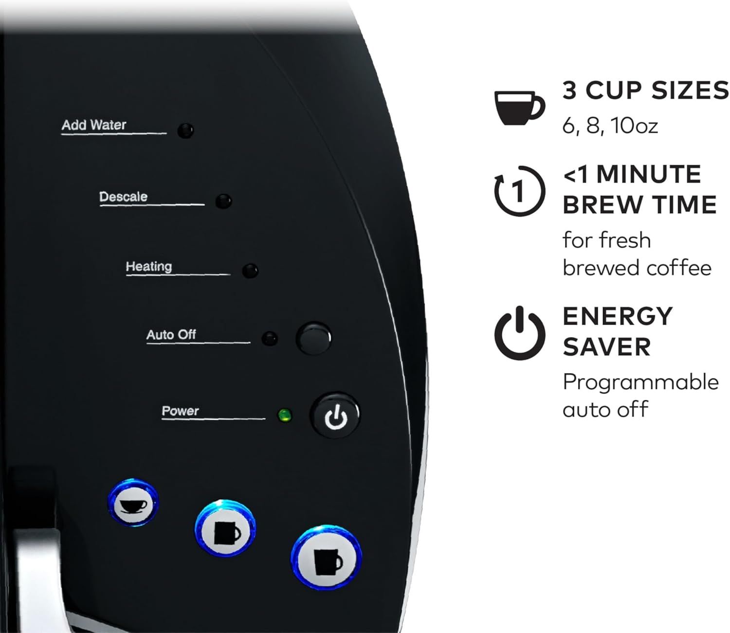 Communicates multiple key benefits of the coffee maker including customizable cup sizes, quick brewing speed, and energy-saving functionality to appeal to…