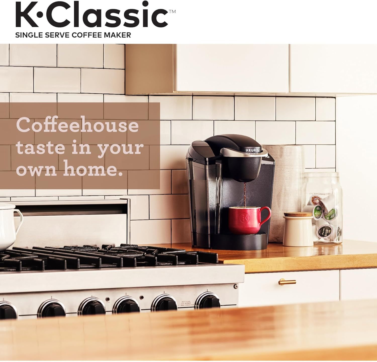 Communicates the emotional benefit of enjoying premium coffeehouse-quality coffee in the comfort of your own home, positioning the product as a convenient alternative to visiting a coffee shop.