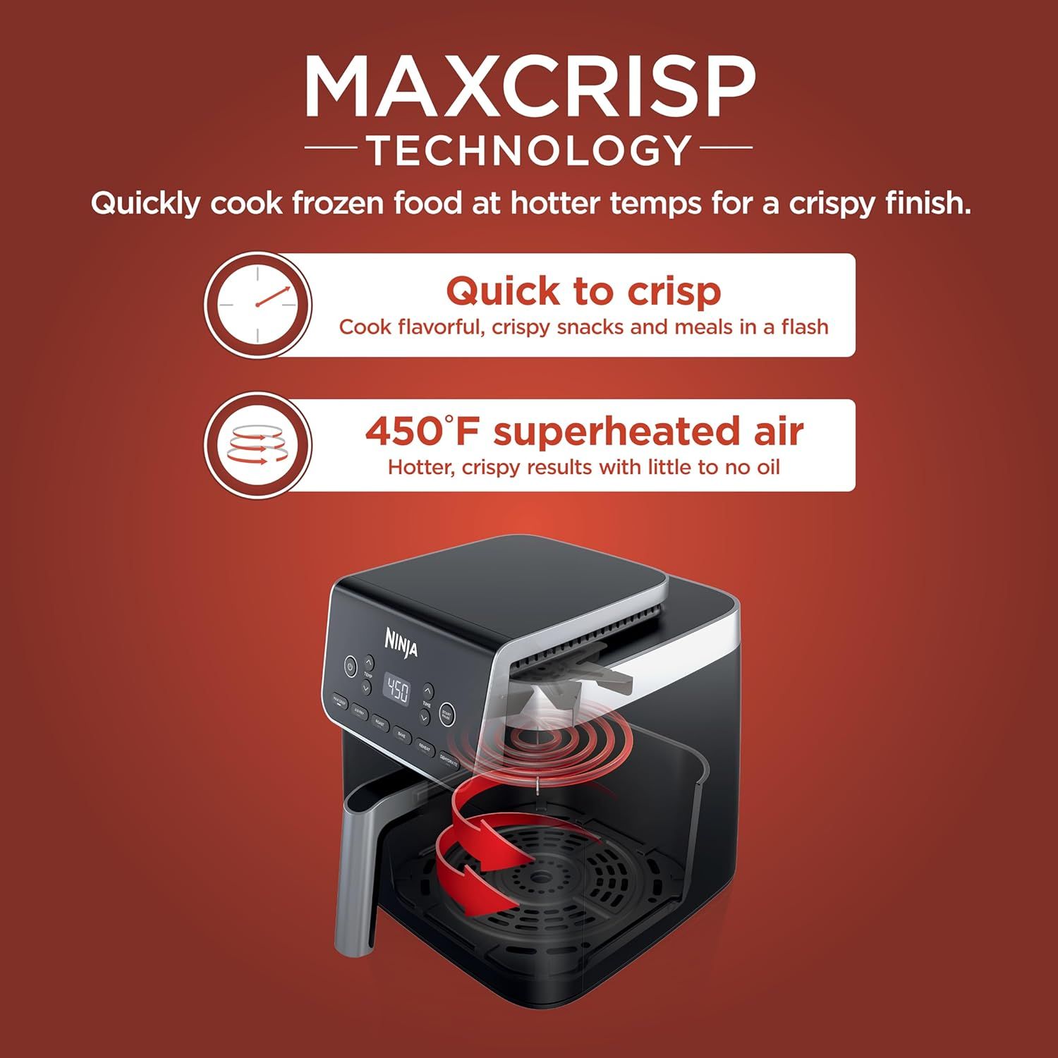 Communicates the proprietary MaxCrisp Technology by highlighting two distinct benefits: fast cooking time and 450°F superheated air for crispy results with…