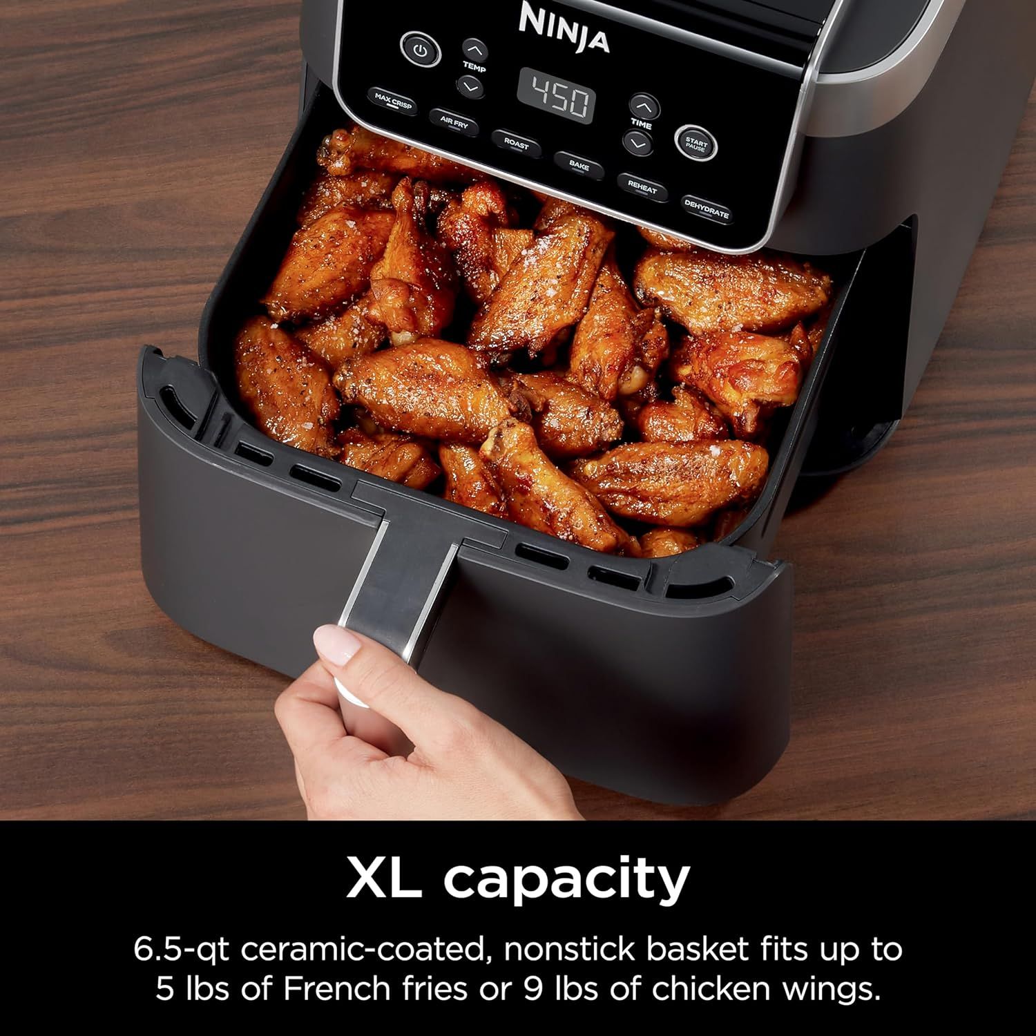 Communicates the large capacity of the air fryer basket using specific quantifiable measurements to help shoppers understand how much food they can cook at…