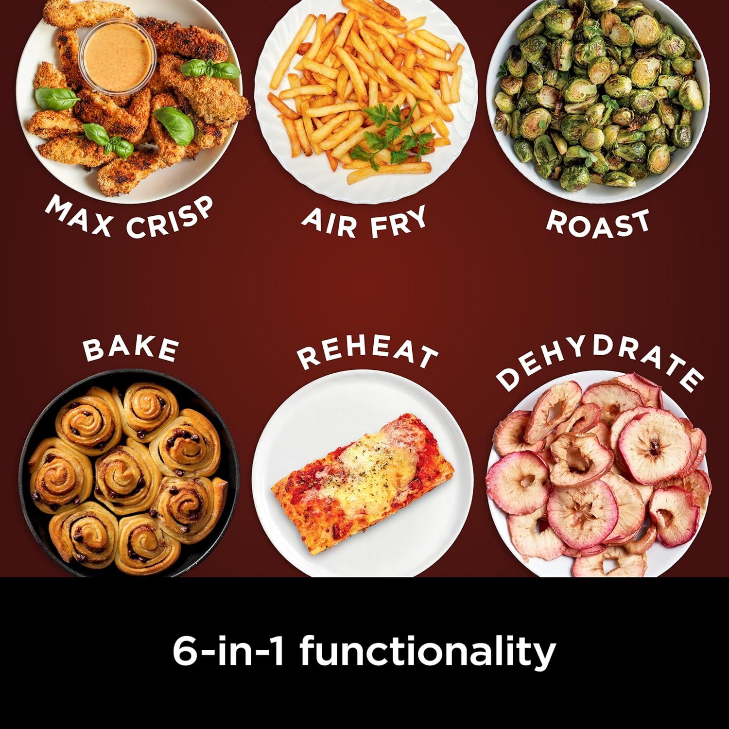 Demonstrates the versatility of the product by showcasing six different cooking functions with visual examples of food prepared using each mode, reassuring…