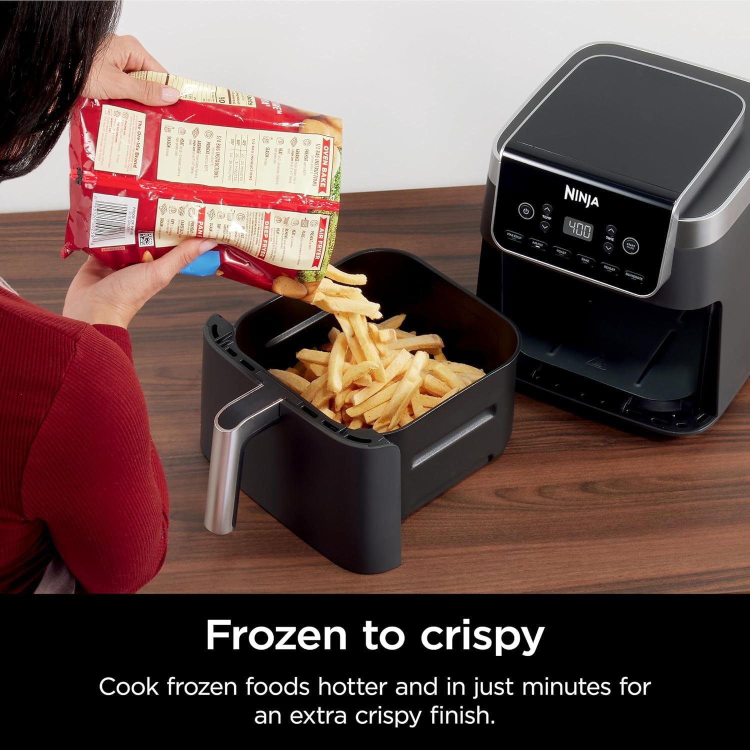 Demonstrates that the Ninja air fryer can cook frozen foods directly to a crispy finish in minutes, emphasizing convenience and time-saving benefits for…
