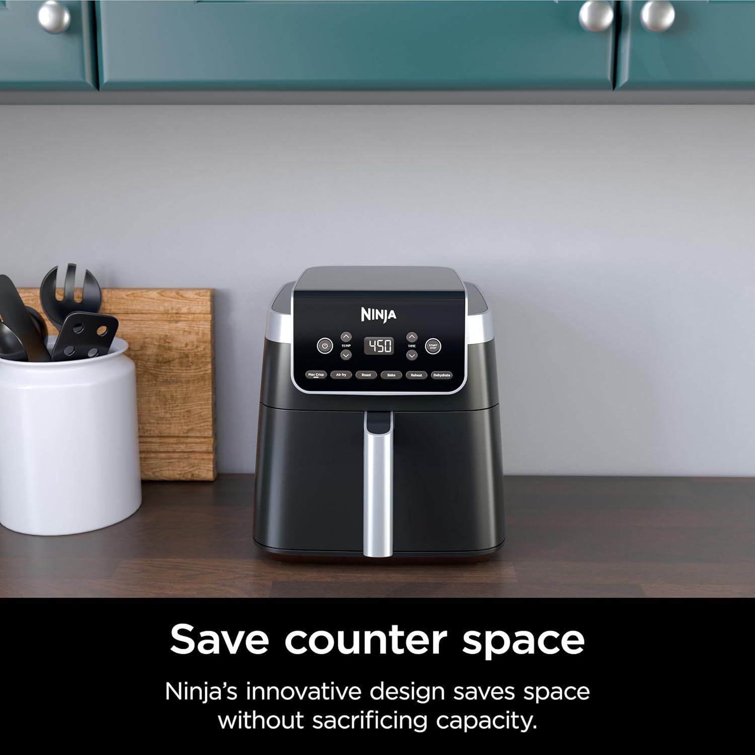 Communicates that the Ninja air fryer has a compact, space-saving design that fits well on kitchen counters without sacrificing cooking capacity.