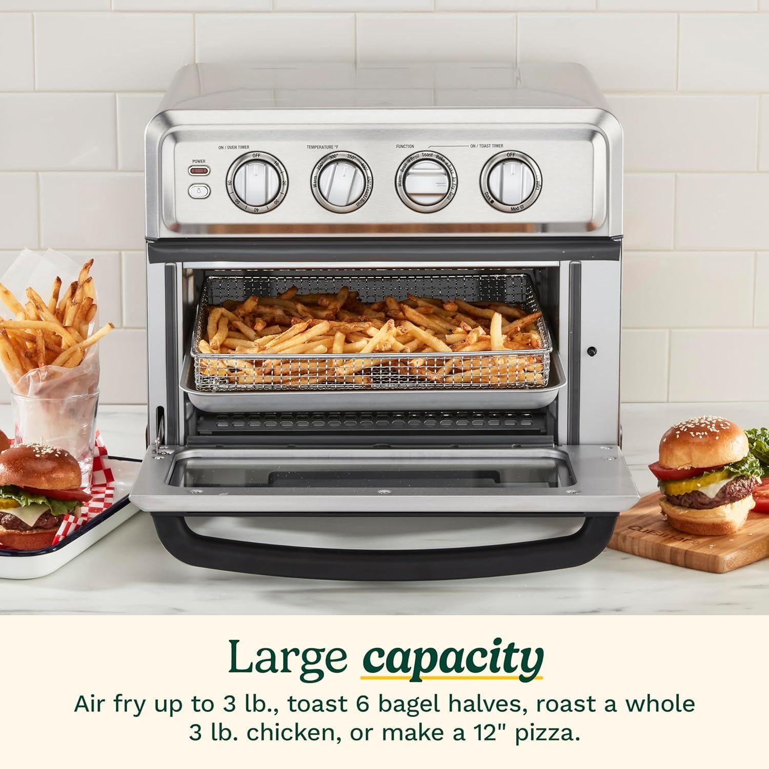 Communicates the product's generous cooking capacity with specific quantifiable claims (3 lb air frying, 6 bagel halves, 3 lb chicken, 12" pizza) to help…