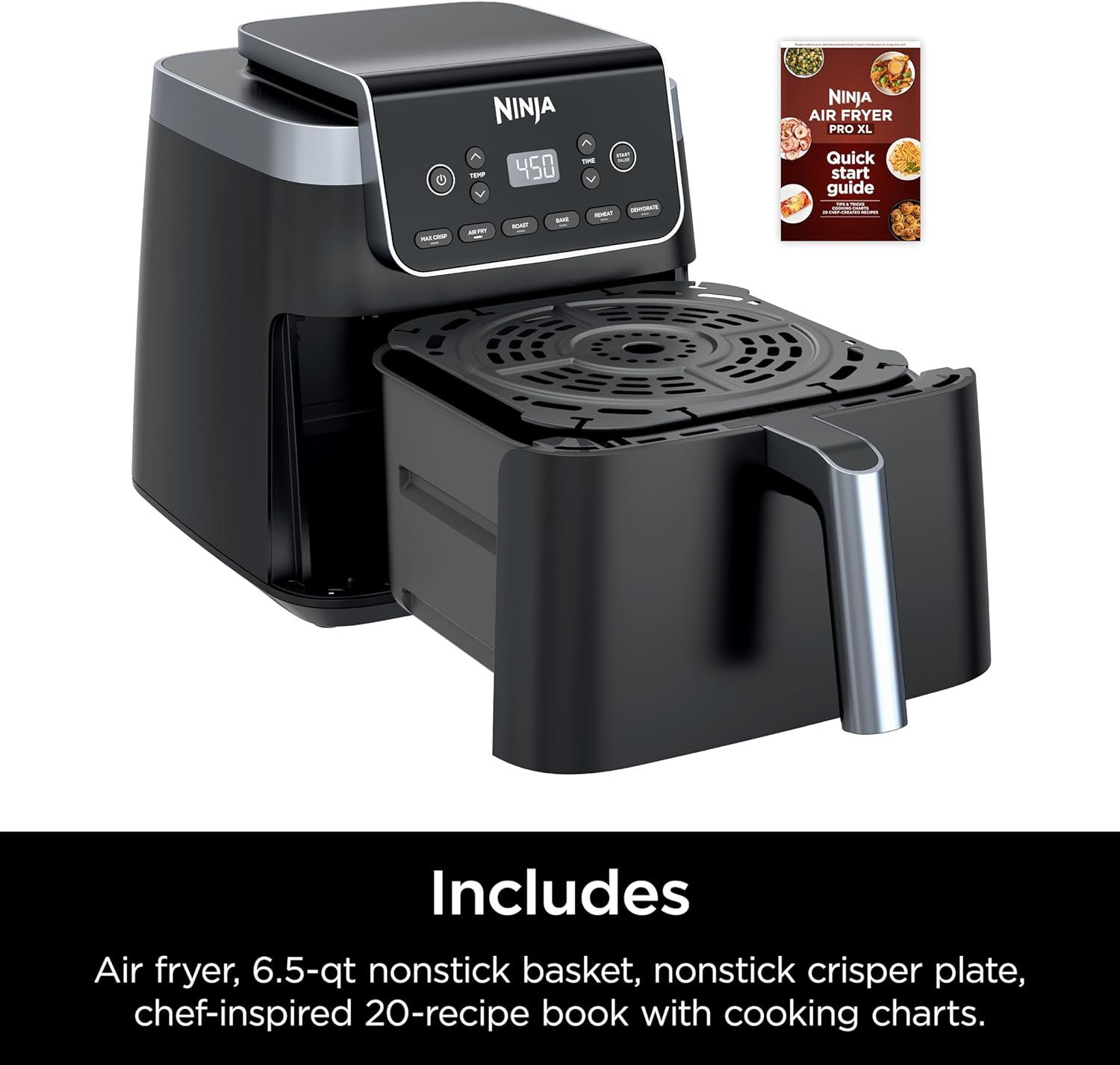 Shows shoppers everything included in the purchase: the air fryer unit, 6.5-qt nonstick basket, nonstick crisper plate, and 20-recipe book, reassuring them of…