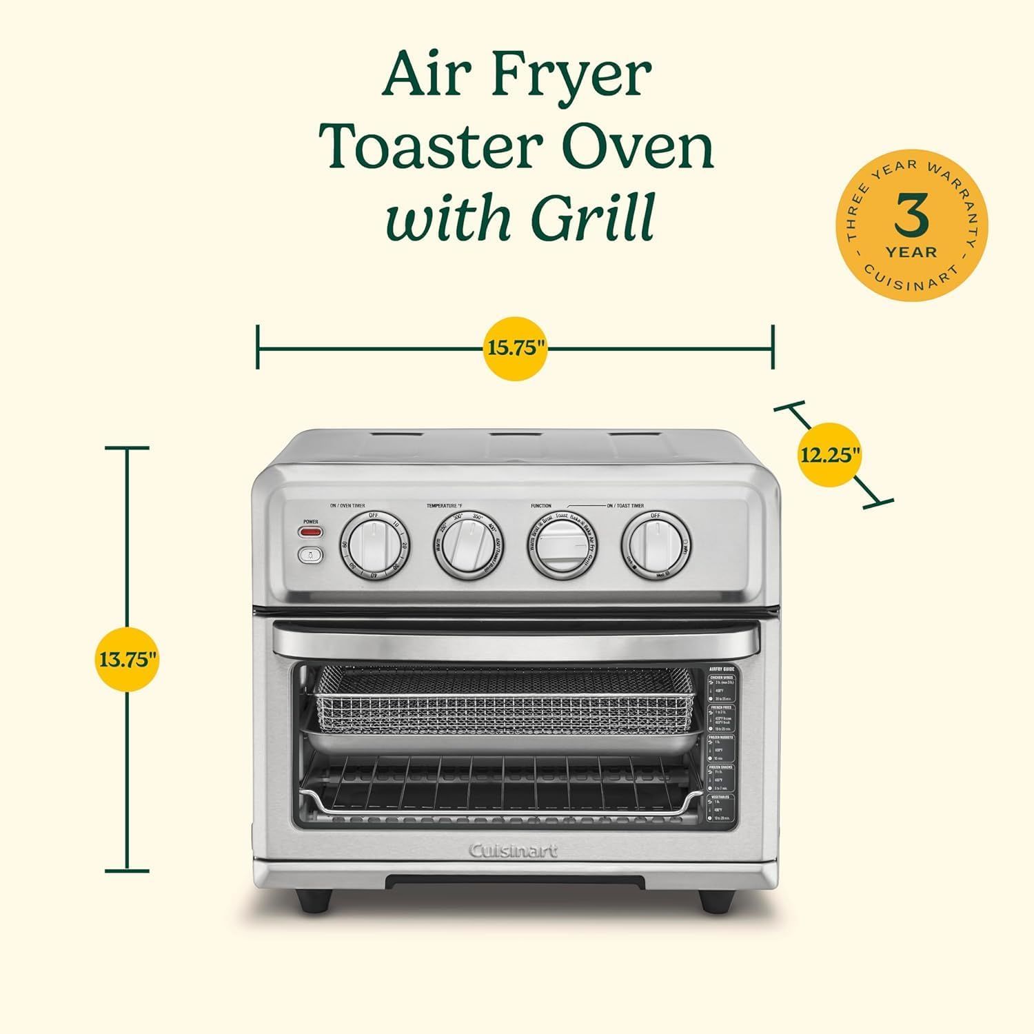 Communicates the exact physical dimensions of the air fryer toaster oven (15.75" width, 13.75" height, 12.25" depth) to help shoppers understand if it will…