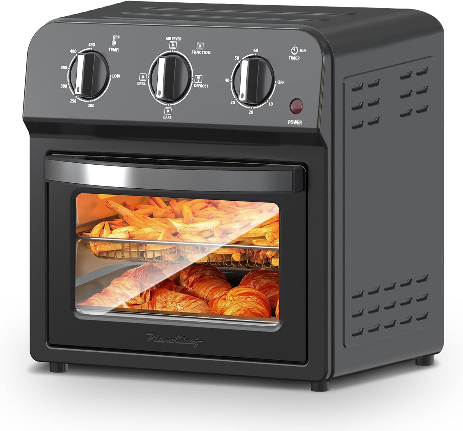 Shows the air fryer oven in action with food cooking inside to help shoppers visualize the product's capacity and real-world cooking performance.