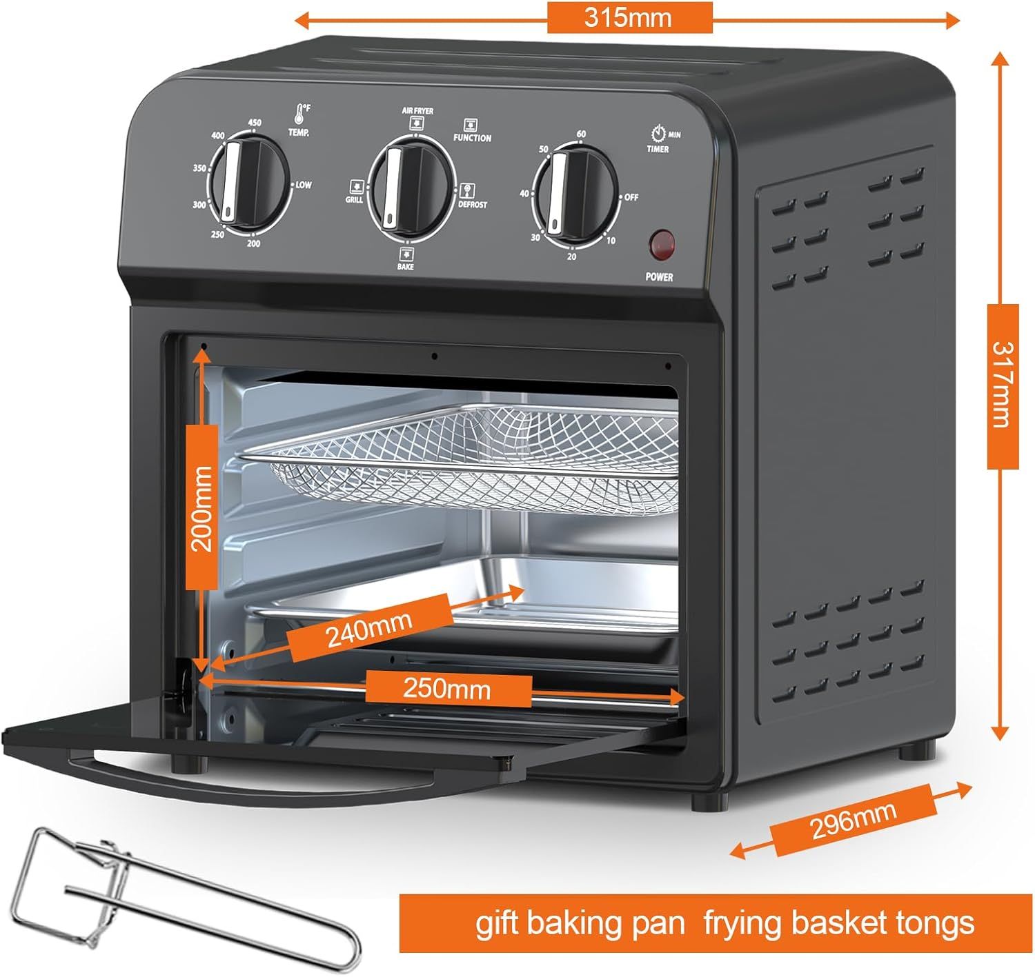 Communicates the exact physical dimensions of the air fryer oven, both externally and internally, to help shoppers understand if it will fit their counter…
