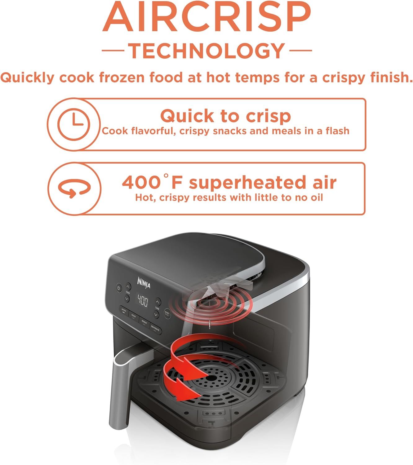 Communicates the AirCrisp technology's dual benefits of fast cooking time and high-heat air circulation that produces crispy results with minimal oil,…