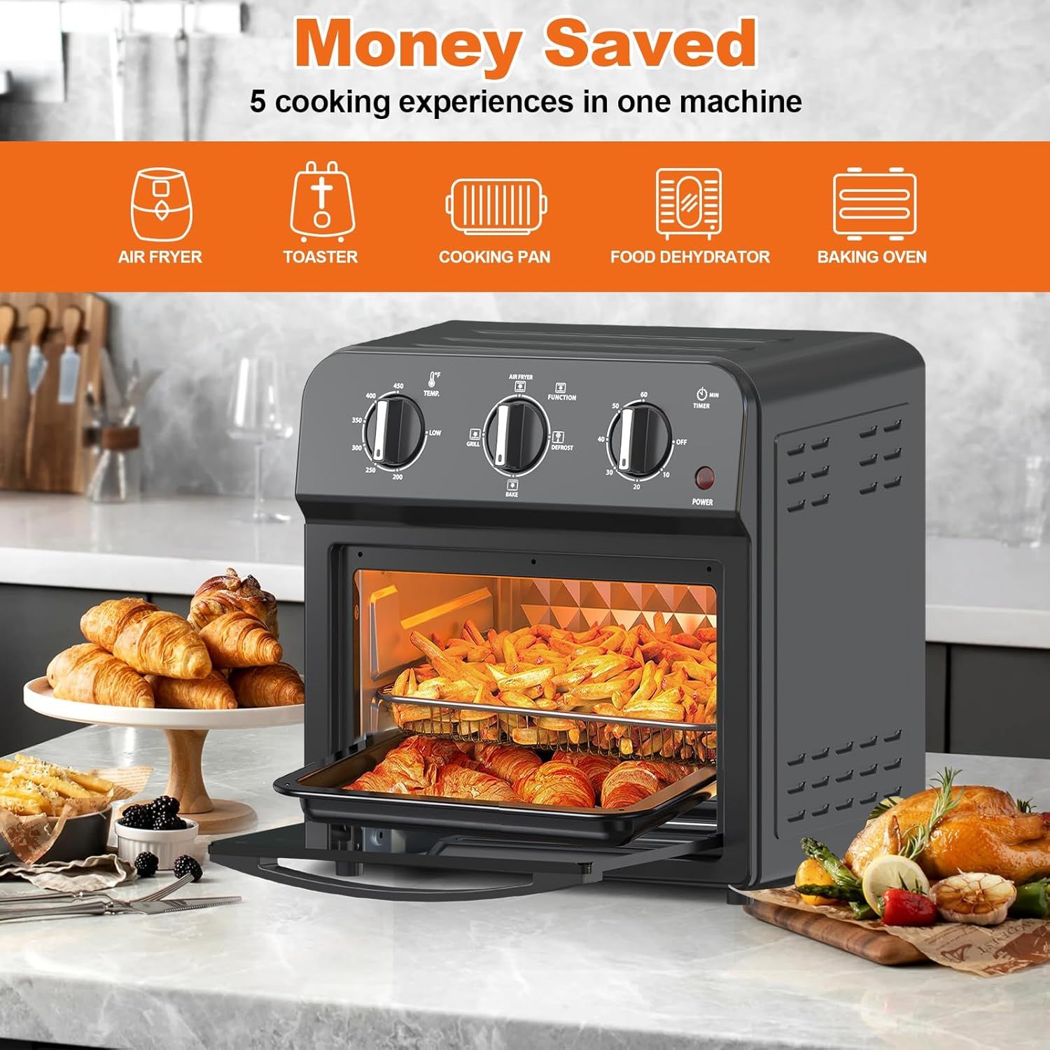 Communicates the product's versatility and value by showing it can replace five different kitchen appliances, emphasizing money saved and multi-functionality.