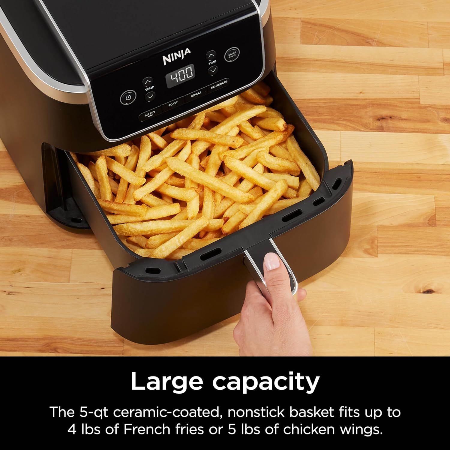 Communicates the generous capacity of the air fryer basket using specific quantifiable measurements to help shoppers understand how much food they can cook at…