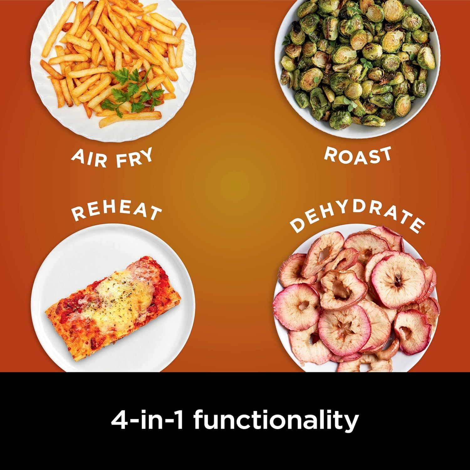 Demonstrates the product's versatility by showcasing four distinct cooking functions with visual examples of food prepared using each mode, reassuring…