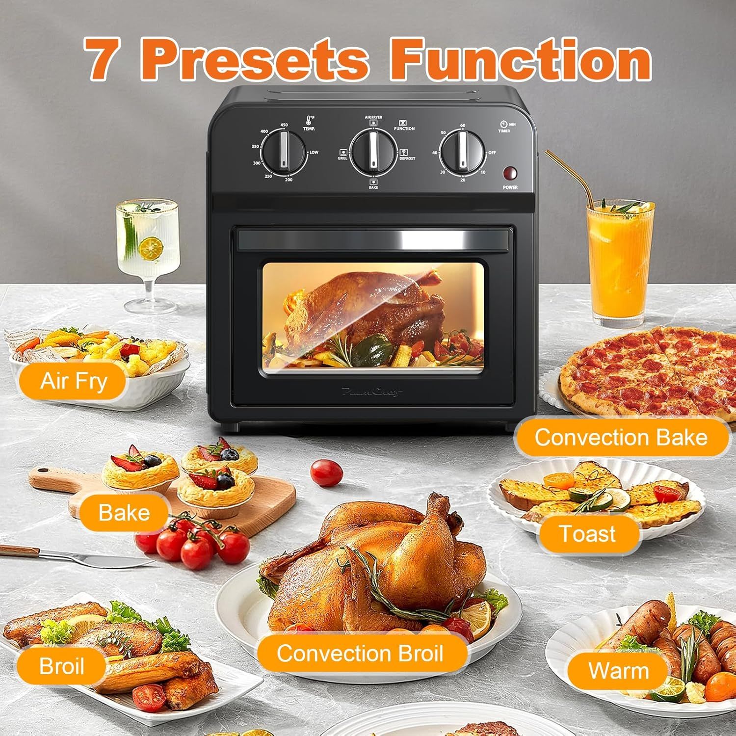 Demonstrates the versatility of the air fryer oven by showcasing seven different cooking functions and the variety of foods that can be prepared with each…