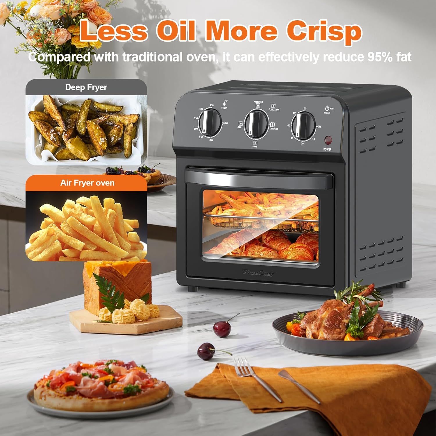 Demonstrates that the air fryer oven produces crispier, healthier results with 95% less fat compared to traditional deep fryers, positioning it as a superior cooking method. Highlights the…