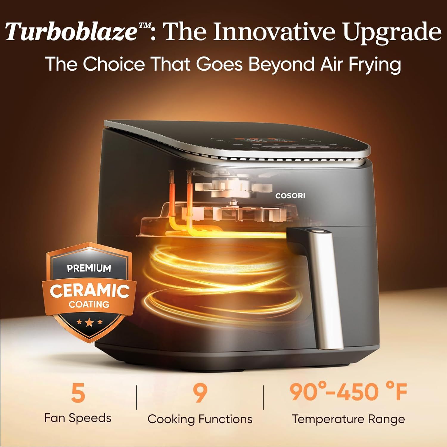 Communicates multiple key features and specifications of the air fryer to demonstrate its versatility and advanced technology, emphasizing the innovative…