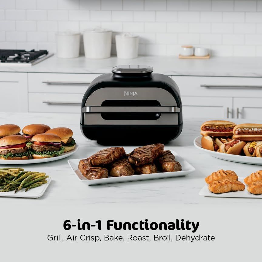 Demonstrates the product's versatility by showing multiple types of food it can prepare (burgers, steaks, hot dogs, vegetables, croissants), reinforcing the…