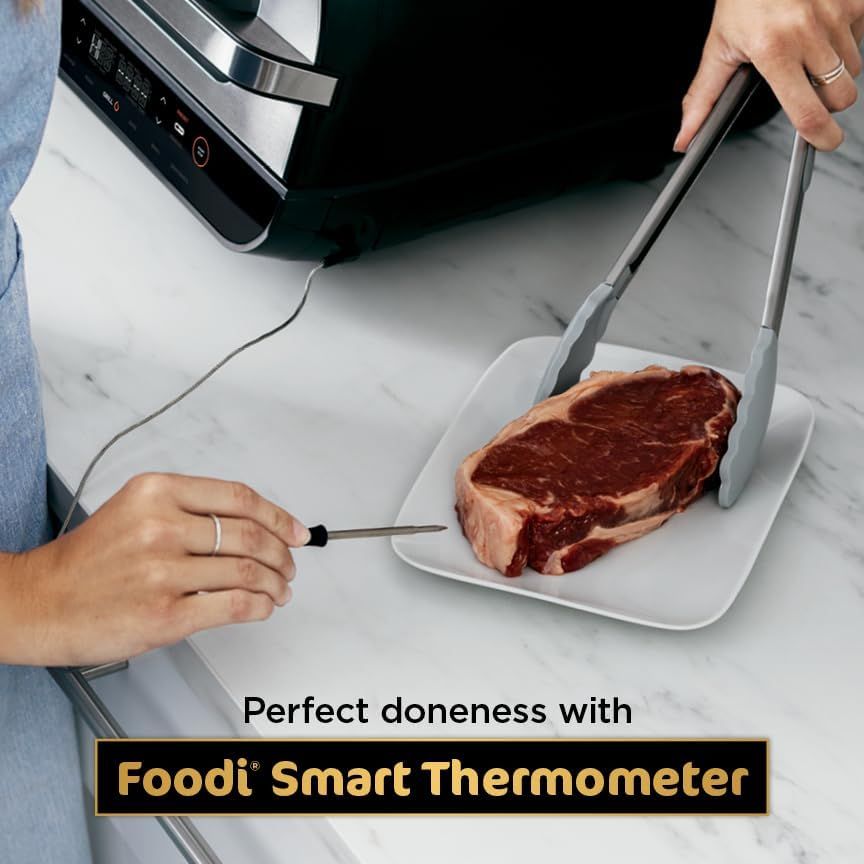Demonstrates the product's ability to achieve perfect cooking results by using a smart thermometer to monitor meat doneness, reassuring shoppers of precision…