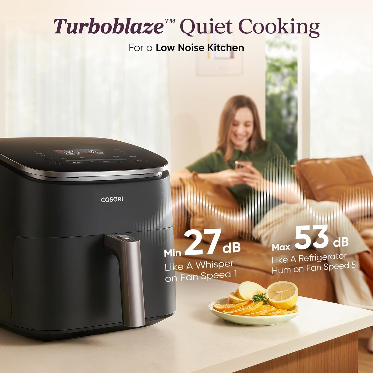 Communicates the product's quiet cooking performance with specific decibel measurements (27 dB minimum, 53 dB maximum) to reassure shoppers that this air…