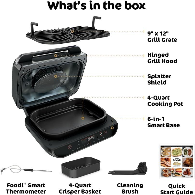 Shows the customer everything included in the purchase—the main grill unit with all its components, plus accessories like thermometer, crisper basket,…