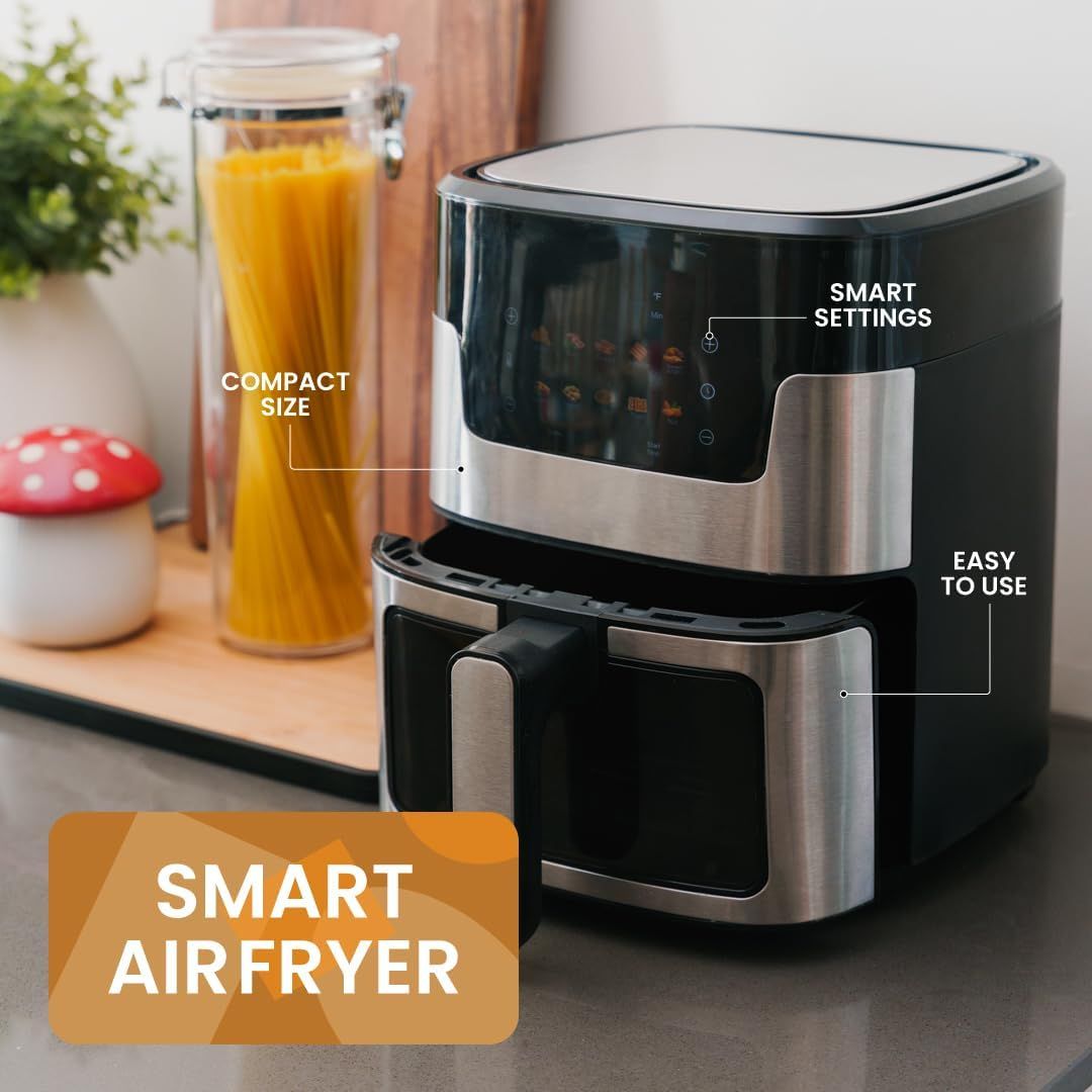 Highlights three distinct benefits of the air fryer—its space-saving size, intelligent controls, and user-friendly design—to reassure shoppers that it's both…