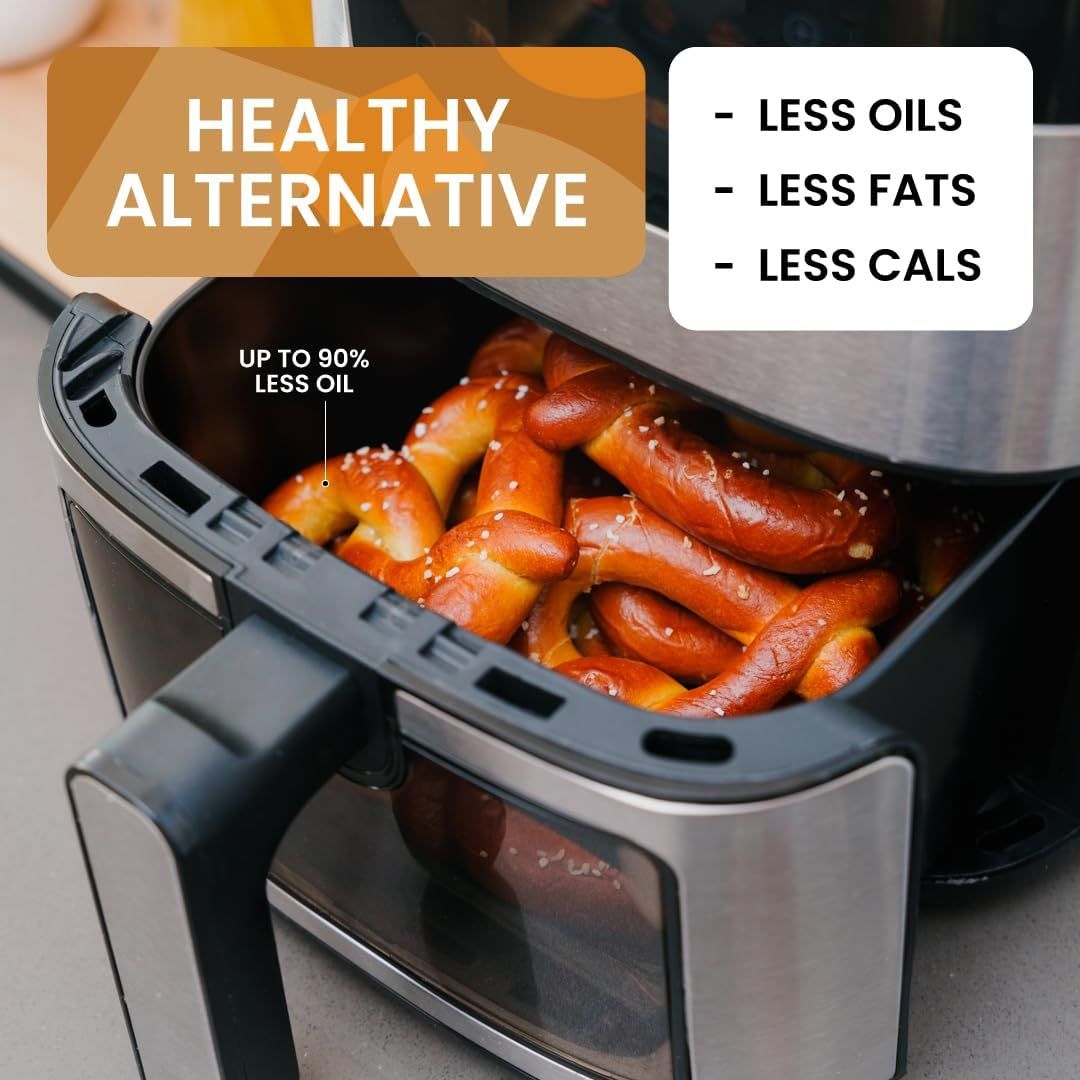 Communicates the air fryer's health benefits by highlighting the quantifiable reduction in oil usage (up to 90% less) and resulting lower fat and calorie…