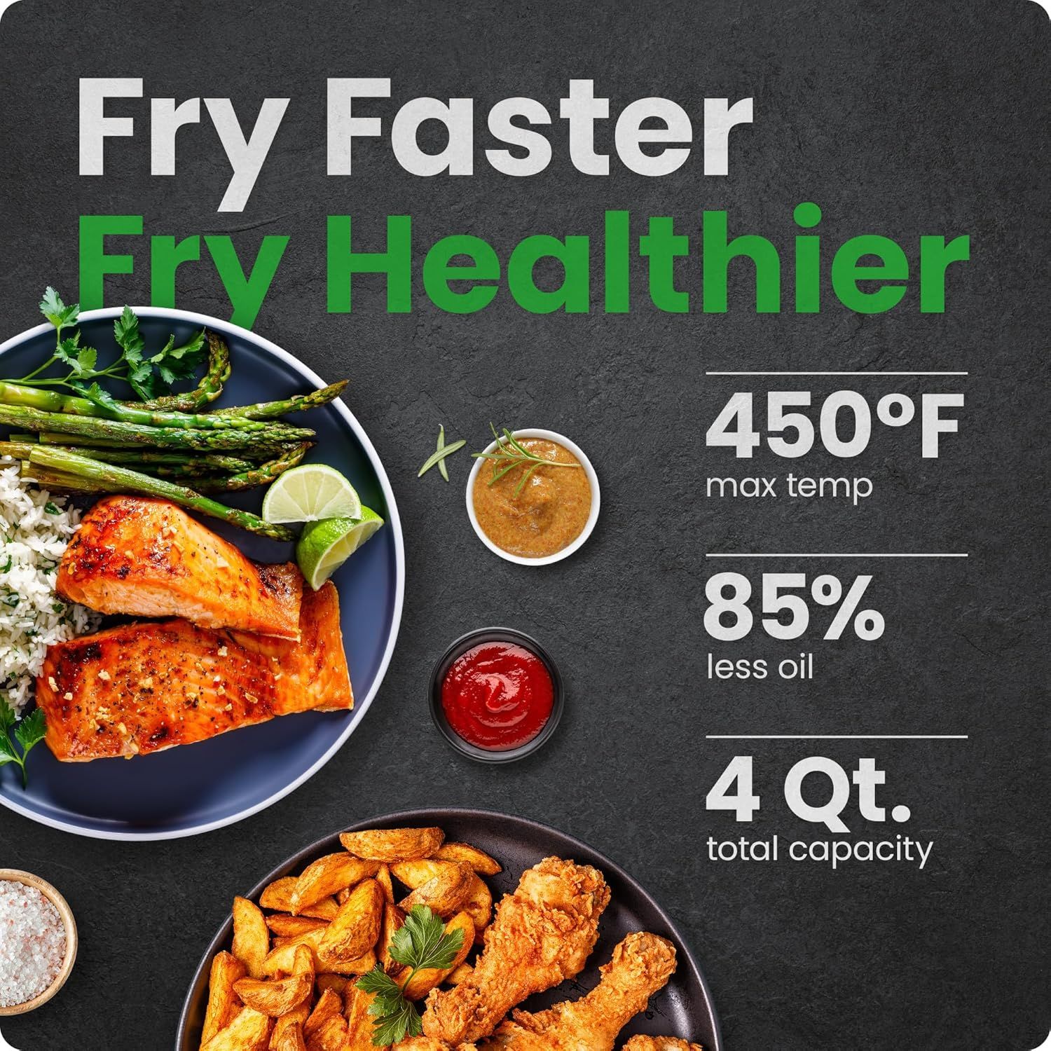Communicates multiple key benefits of the air fryer in a segmented layout: faster and healthier cooking at 450°F max temp, 85% less oil for healthier meals,…