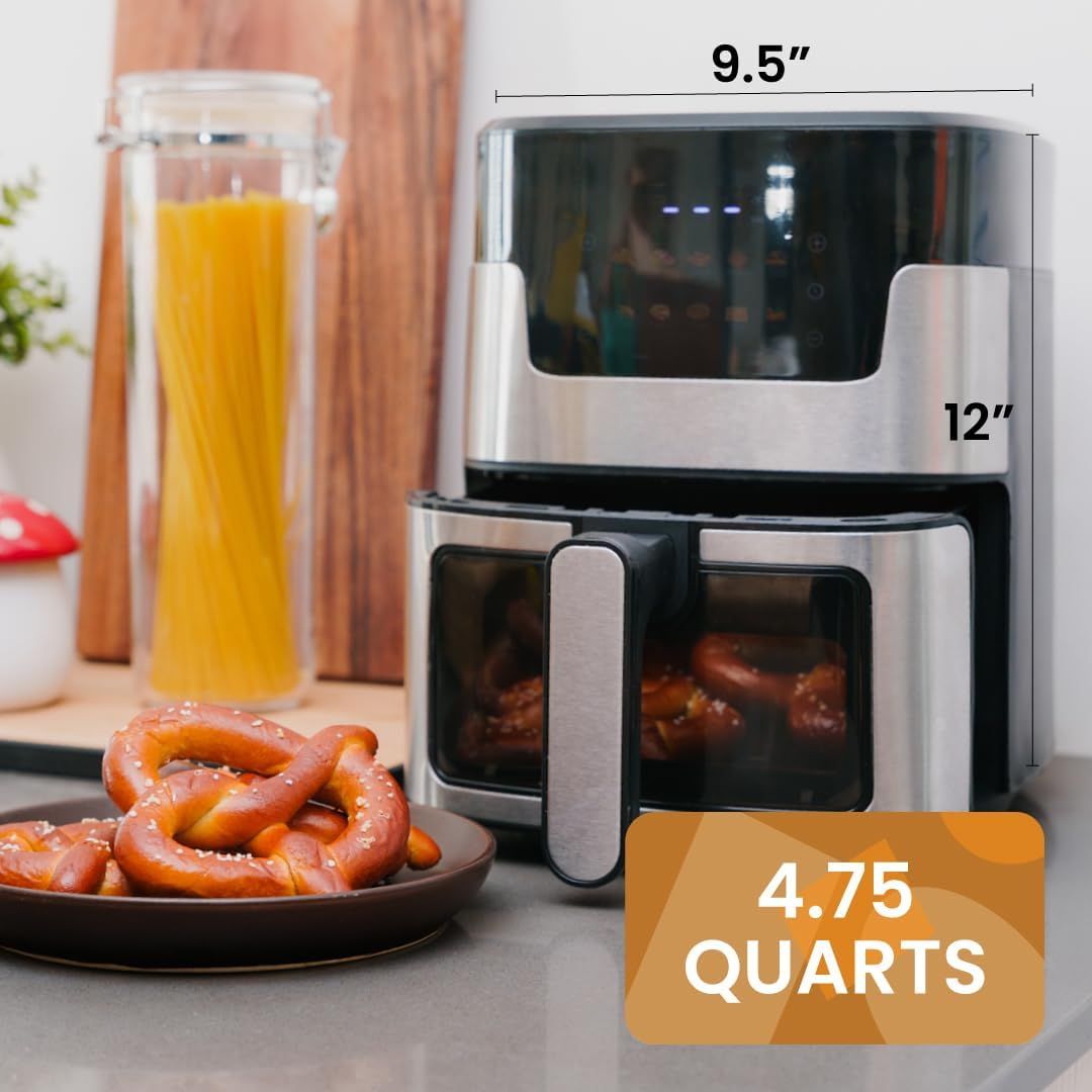 Communicates the physical size (9.5" width, 12" height) and capacity (4.75 quarts) of the air fryer to help shoppers understand if it fits their counter space…