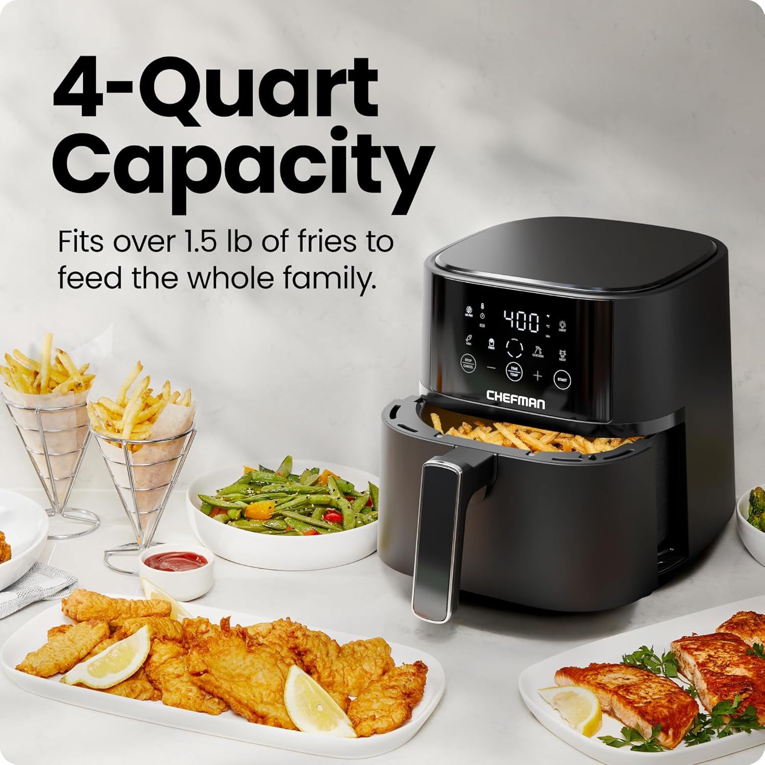 Communicates the large capacity of the air fryer (4 quarts, fits over 1.5 lb of fries) to reassure shoppers it can feed the whole family. Highlights the…