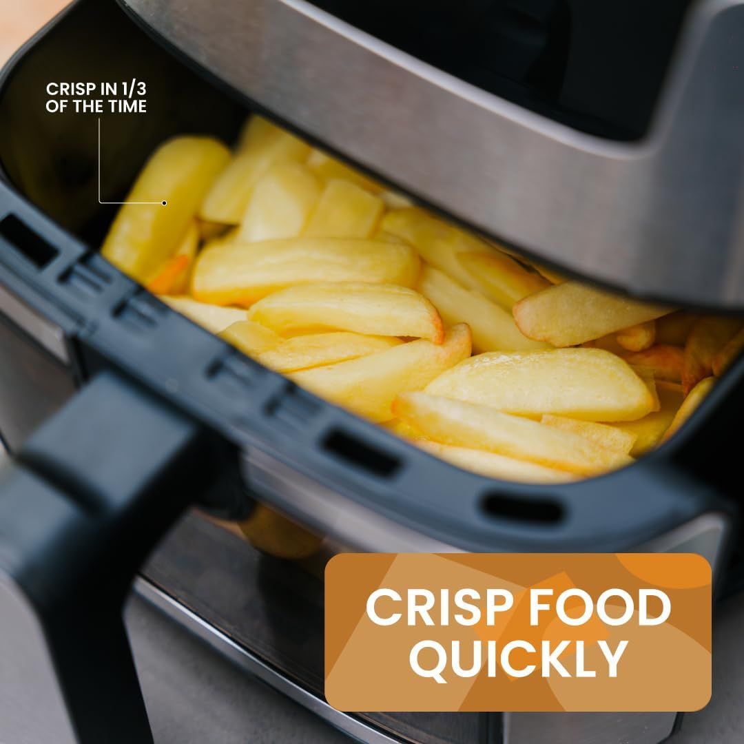 Communicates the product's fast cooking performance by highlighting that it achieves crispy results in one-third the time, reassuring shoppers about…
