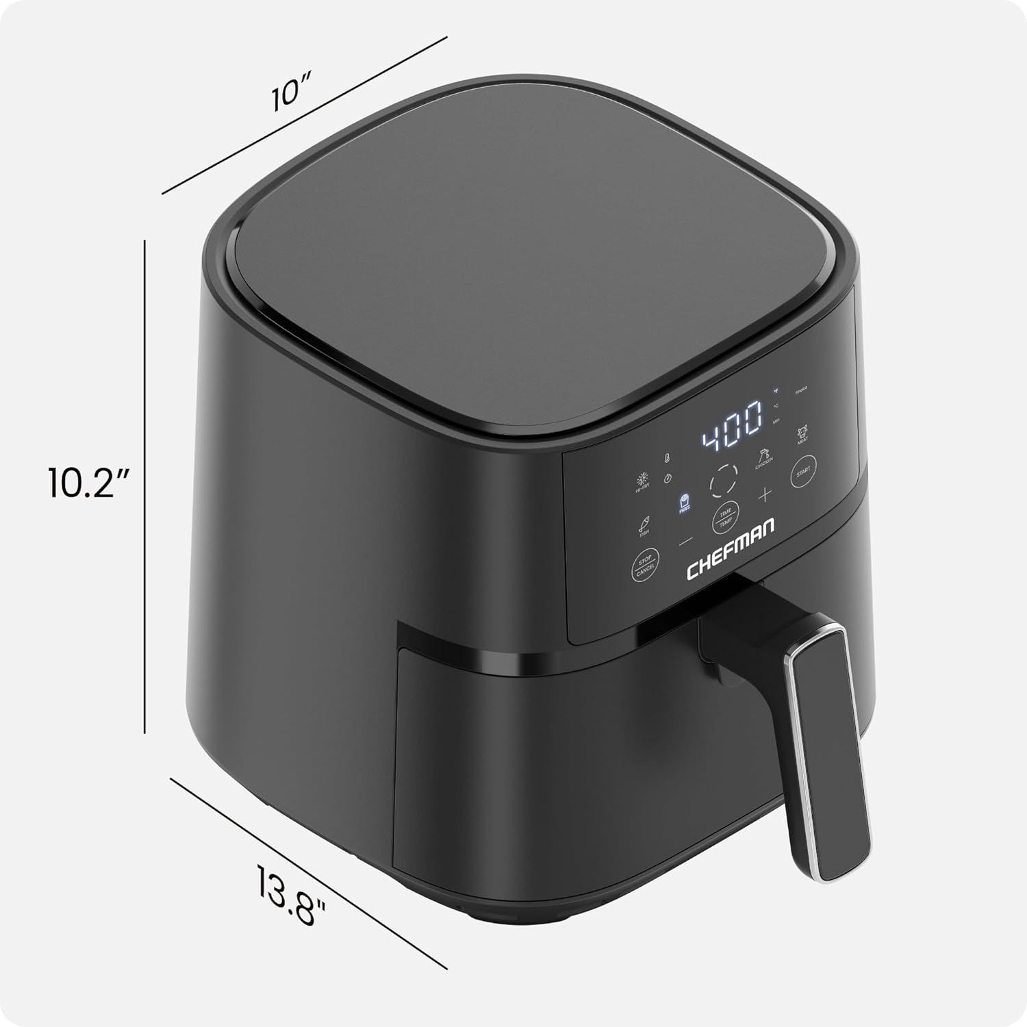 Communicates the exact physical dimensions of the air fryer (10" x 10.2" x 13.8") to help shoppers understand the product's footprint and whether it will fit…
