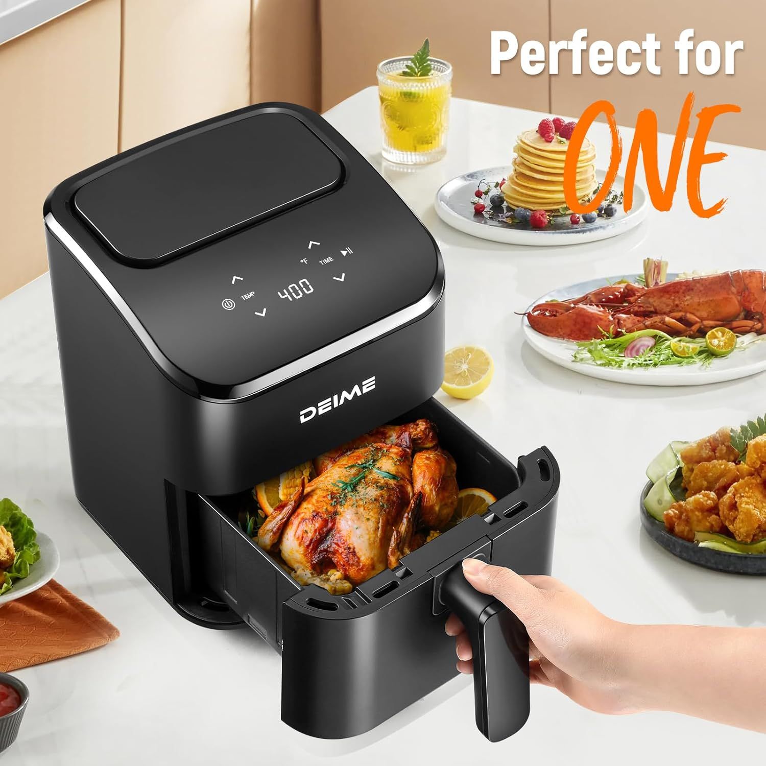 Demonstrates the air fryer's versatility by showing multiple types of dishes it can prepare (pancakes, lobster, chicken, fried foods), reassuring shoppers…