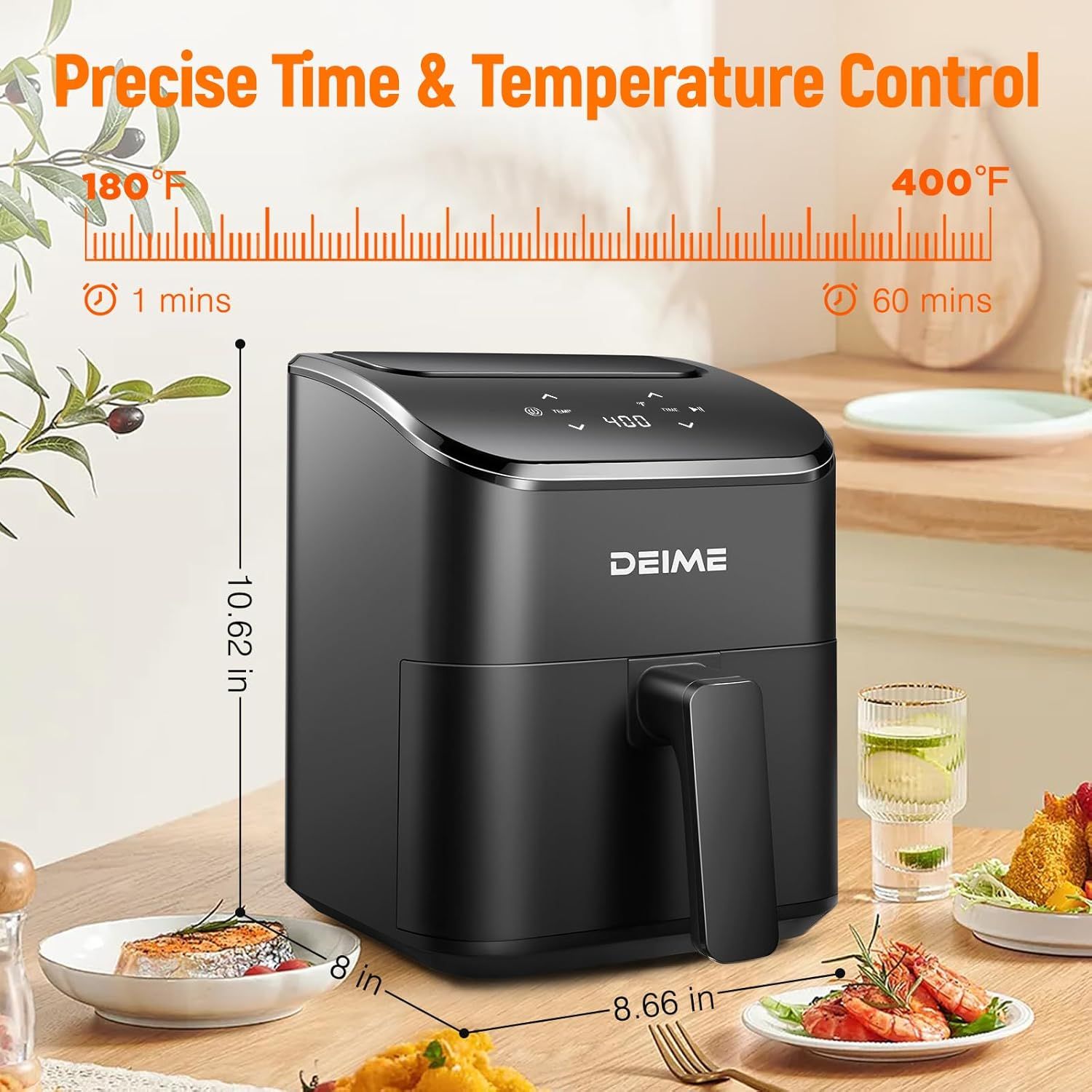 Shows the exact physical dimensions of the air fryer (10.62 in height, 8 in depth, 8.66 in width) to help shoppers understand the product's footprint and…