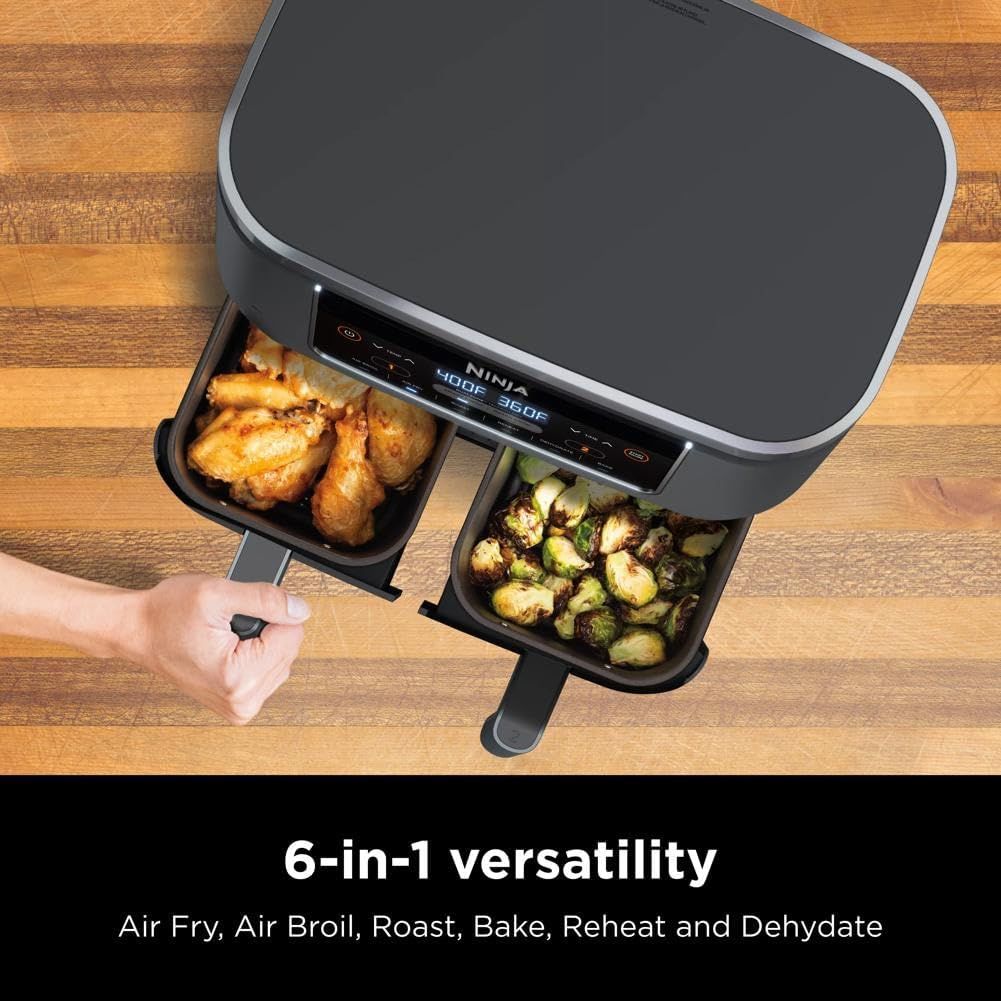 Demonstrates the product's versatility by highlighting six different cooking functions (Air Fry, Air Broil, Roast, Bake, Reheat, and Dehydrate) to show…