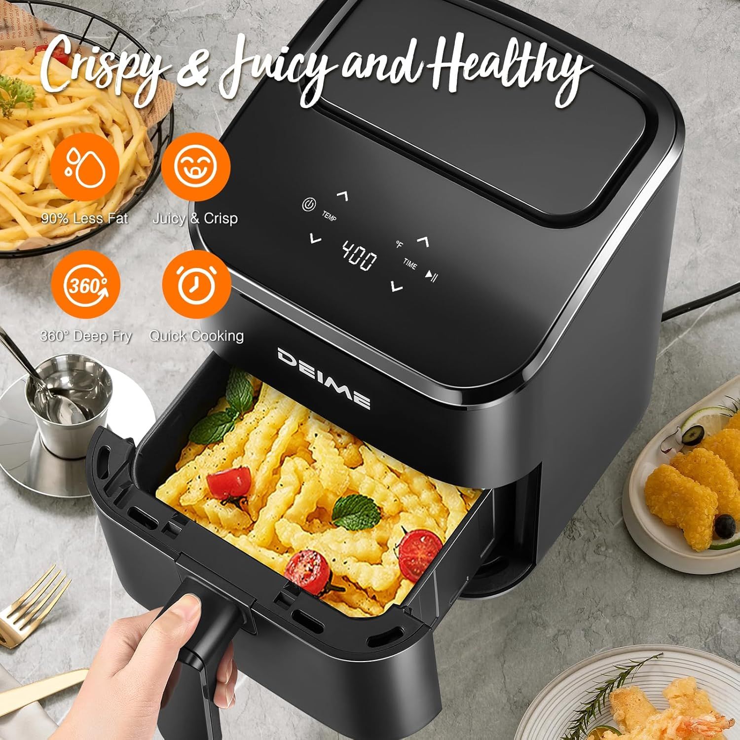Communicates multiple key benefits of the air fryer in a segmented layout with icons, emphasizing healthier cooking, taste quality, comprehensive frying…