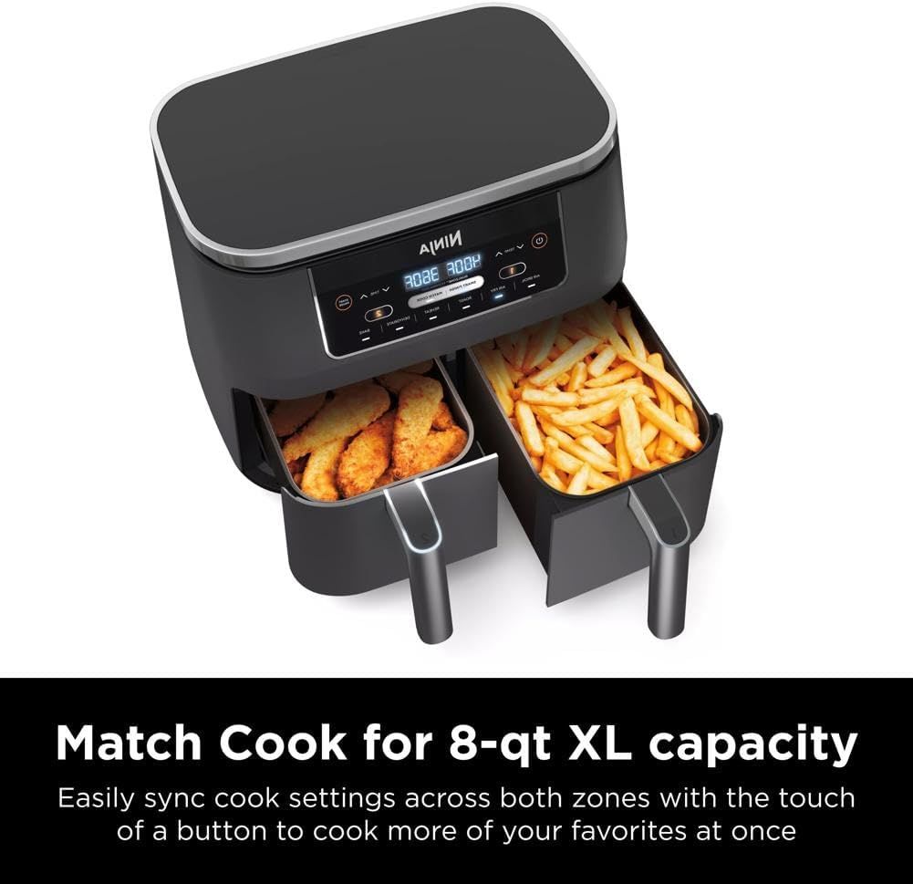 Highlights the Match Cook feature that allows users to easily sync cooking settings across both 8-qt zones with one button, emphasizing convenience and the…