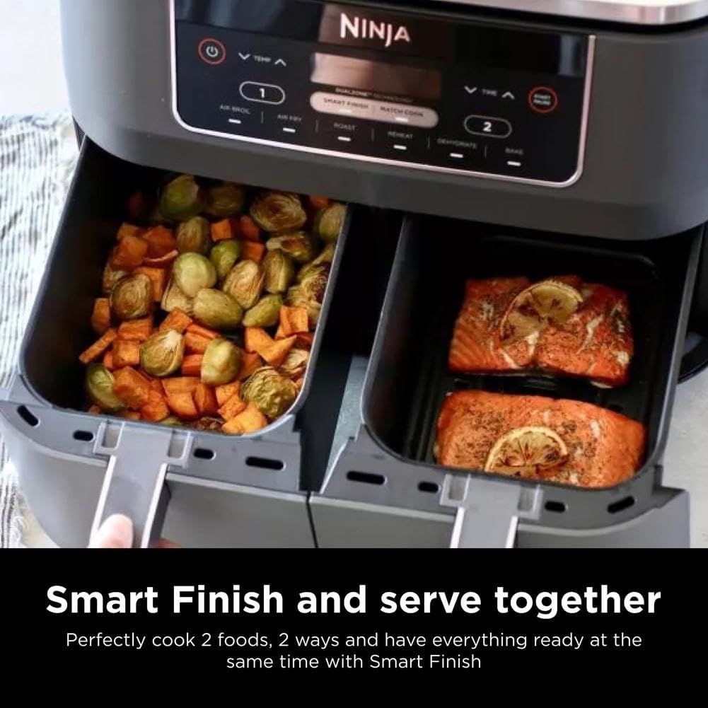 Communicates the Smart Finish feature that allows users to cook two different foods in separate zones and have them finish at the same time, emphasizing…