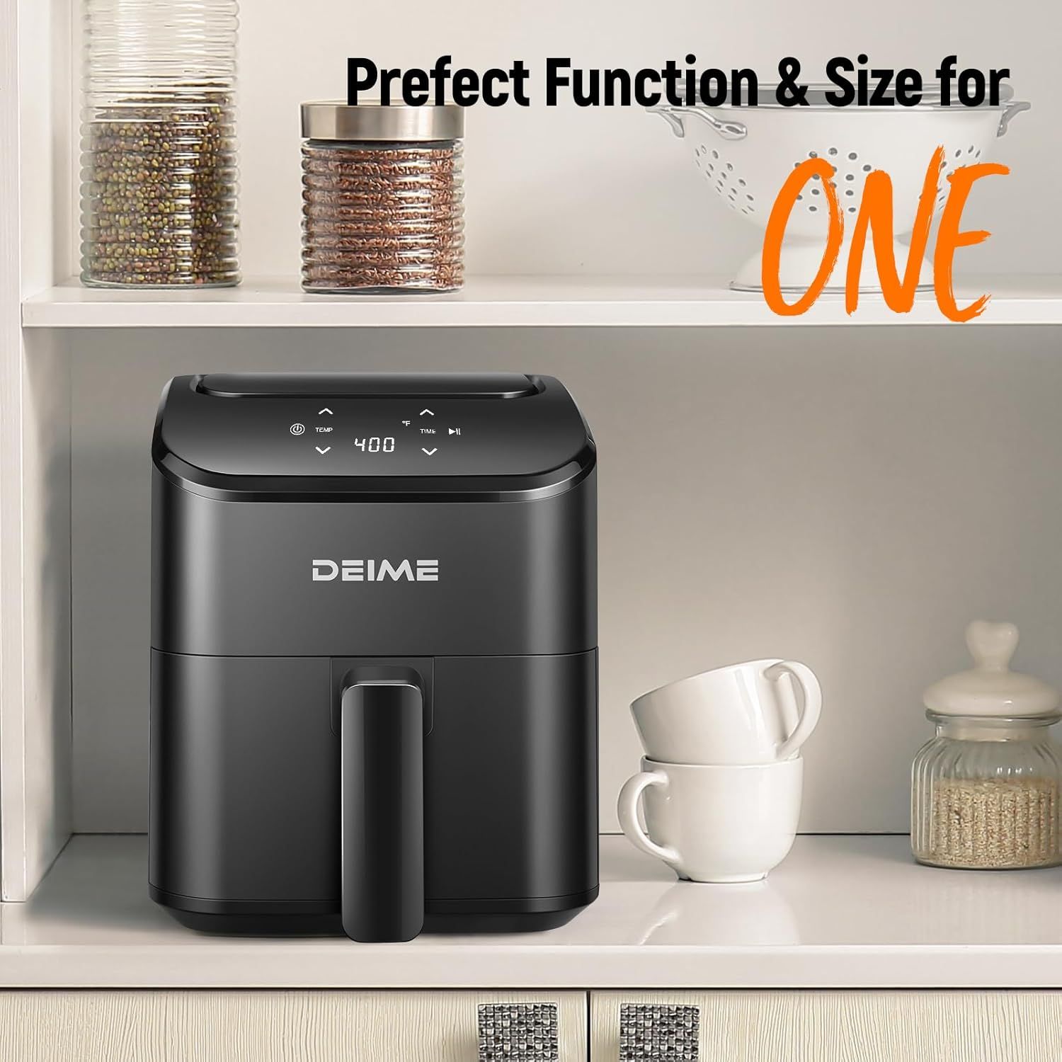 Demonstrates that the air fryer is compact and perfectly sized for single-person use or small kitchens, emphasizing its space-saving design and ideal fit for…