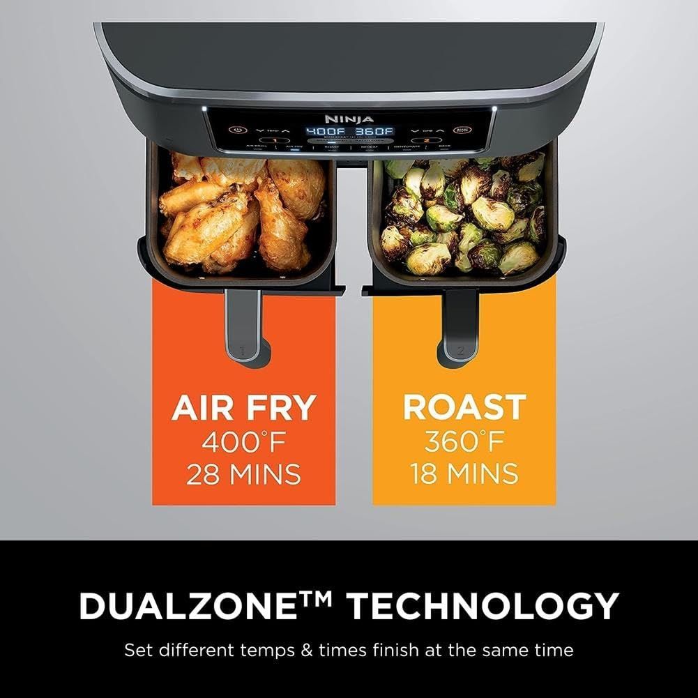 Communicates the product's unique dual-zone cooking capability that allows users to cook two different foods at different temperatures and times…