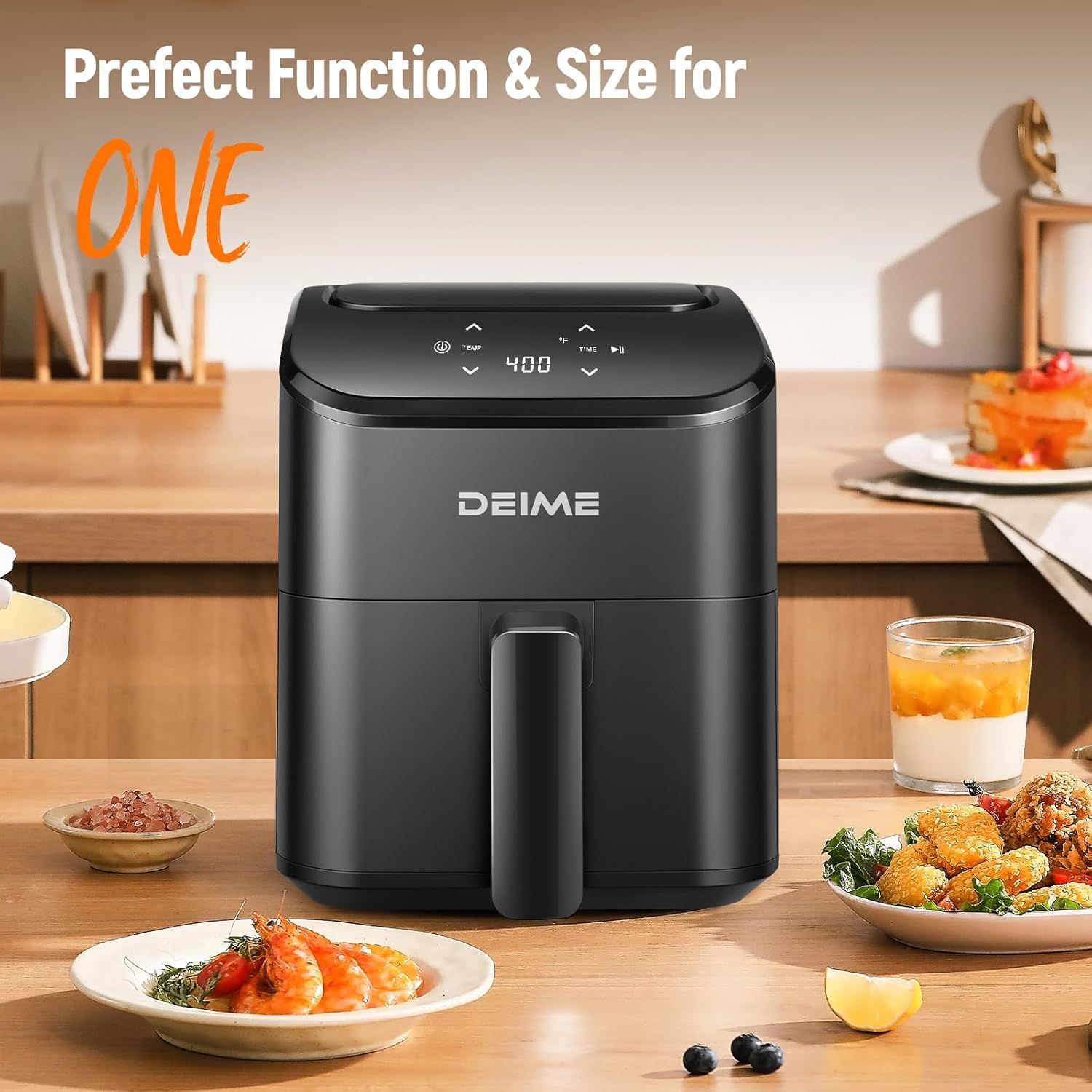 Communicates that this air fryer is perfectly sized for one person, emphasizing its compact footprint and ideal functionality for individual use. Highlights…