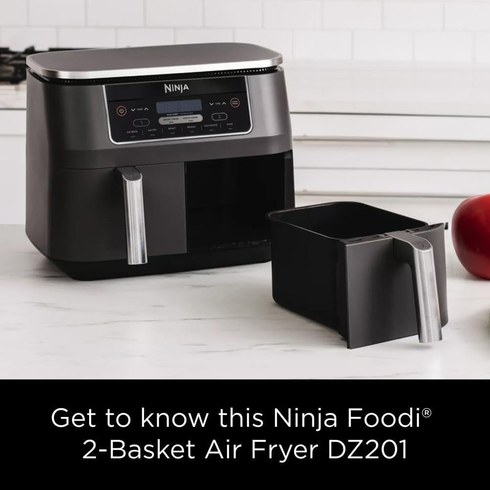 Shows the customer what's included with the air fryer purchase, specifically highlighting the dual-basket feature and removable components.