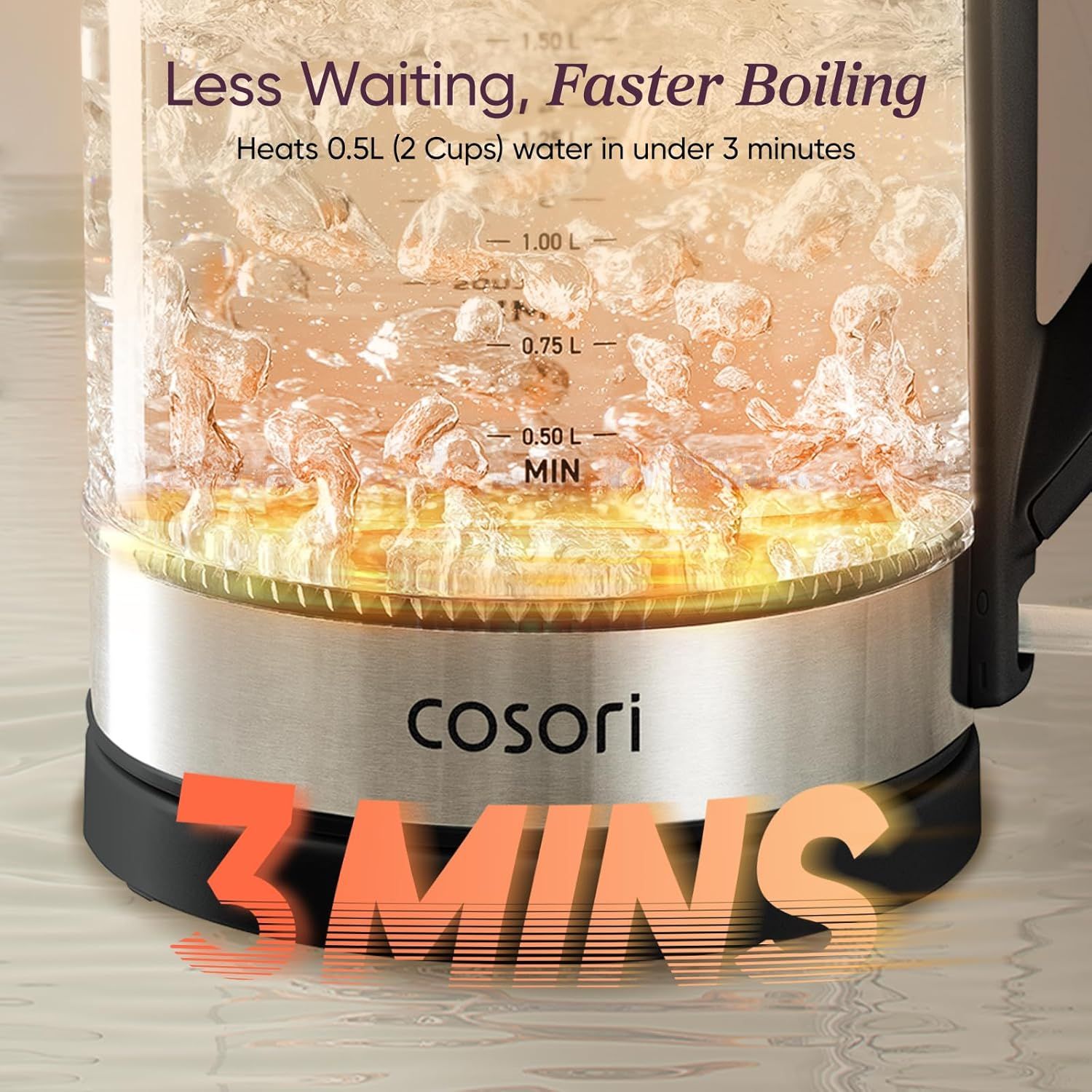 Communicates the product's rapid heating performance by highlighting that it can heat 0.5L (2 cups) of water in under 3 minutes, emphasizing speed and…