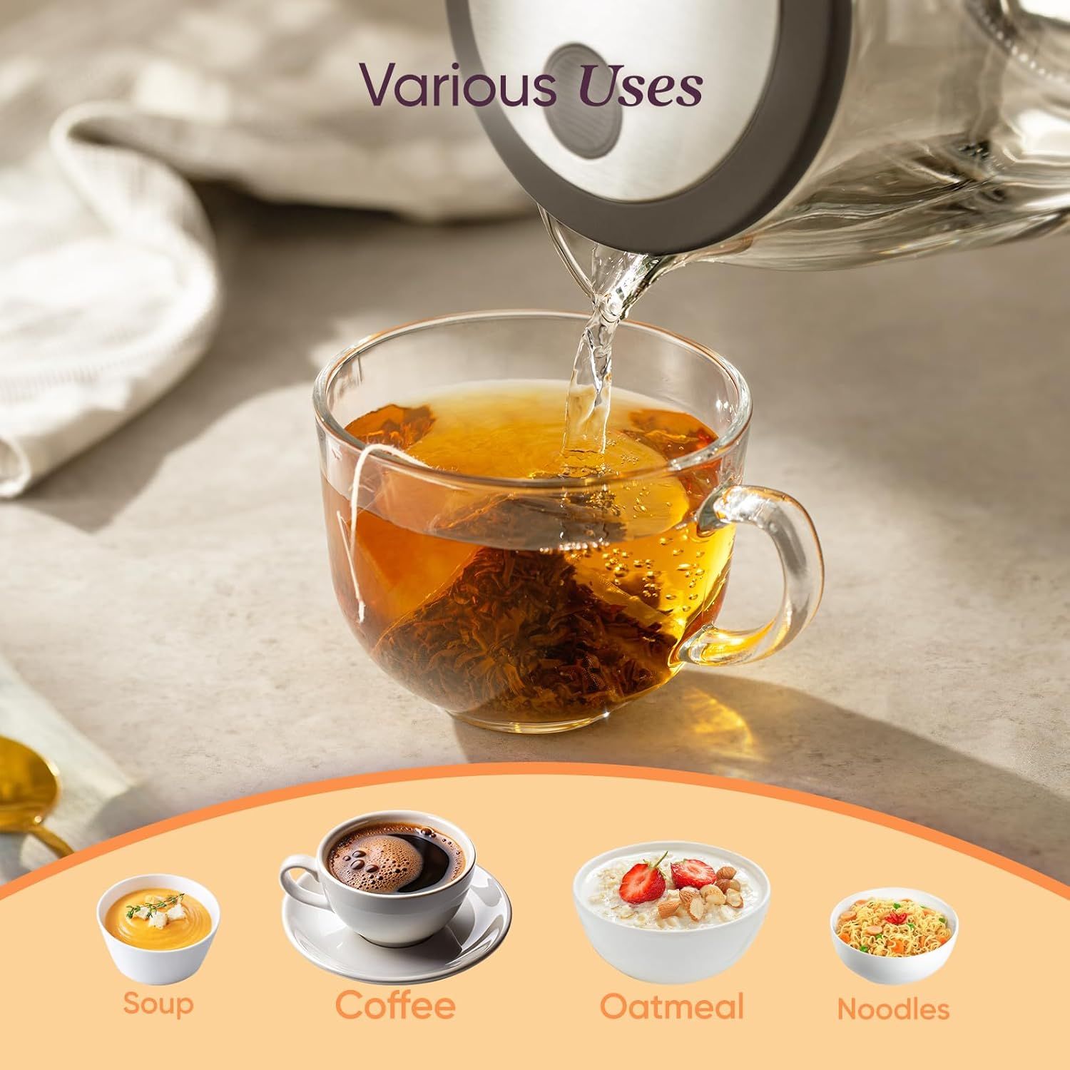 Demonstrates the product's versatility by showing it can be used for multiple purposes including making soup, coffee, oatmeal, and noodles, reassuring…