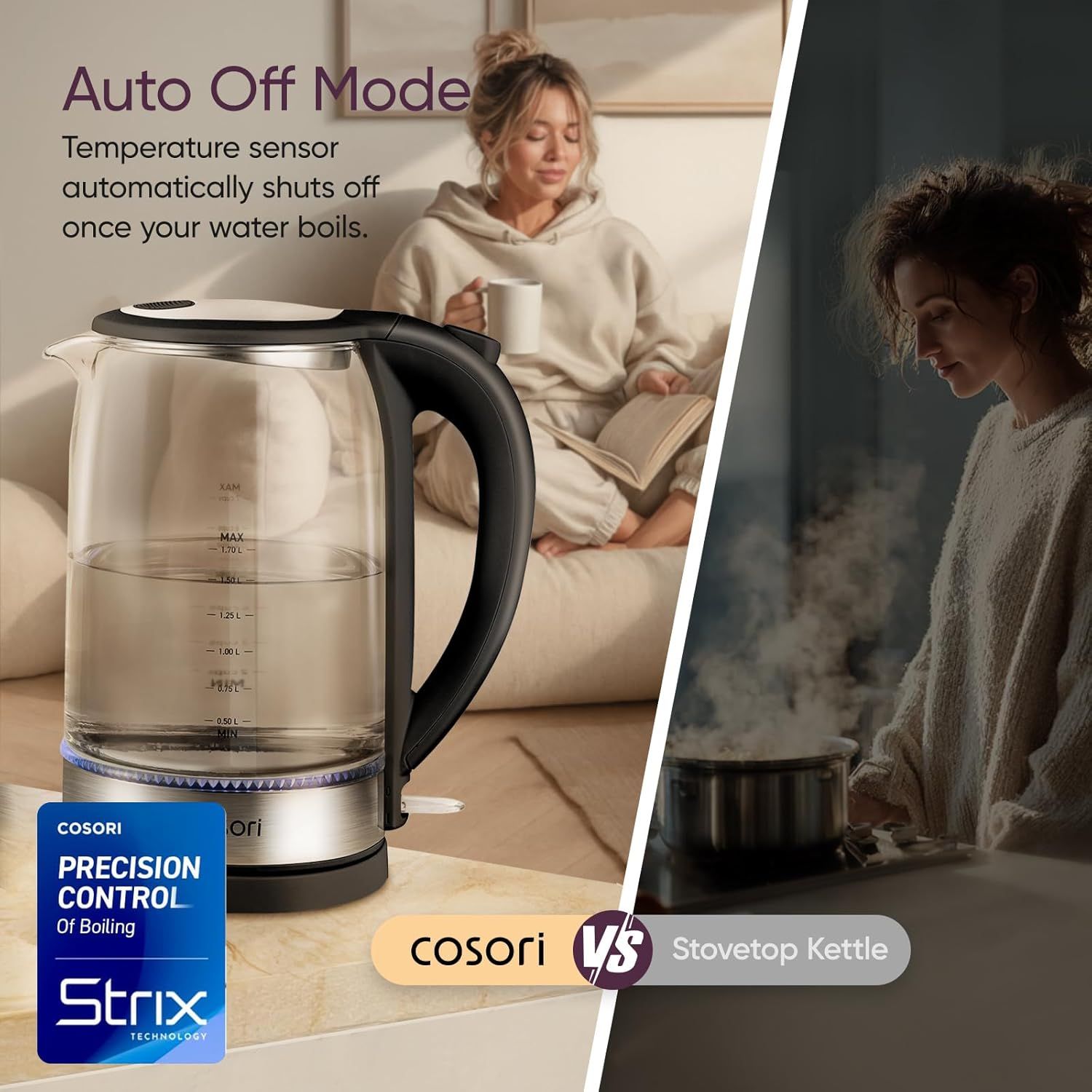 Demonstrates the superiority of the Cosori electric kettle over traditional stovetop kettles by highlighting its automatic shut-off safety feature that activates when water boils, providing…
